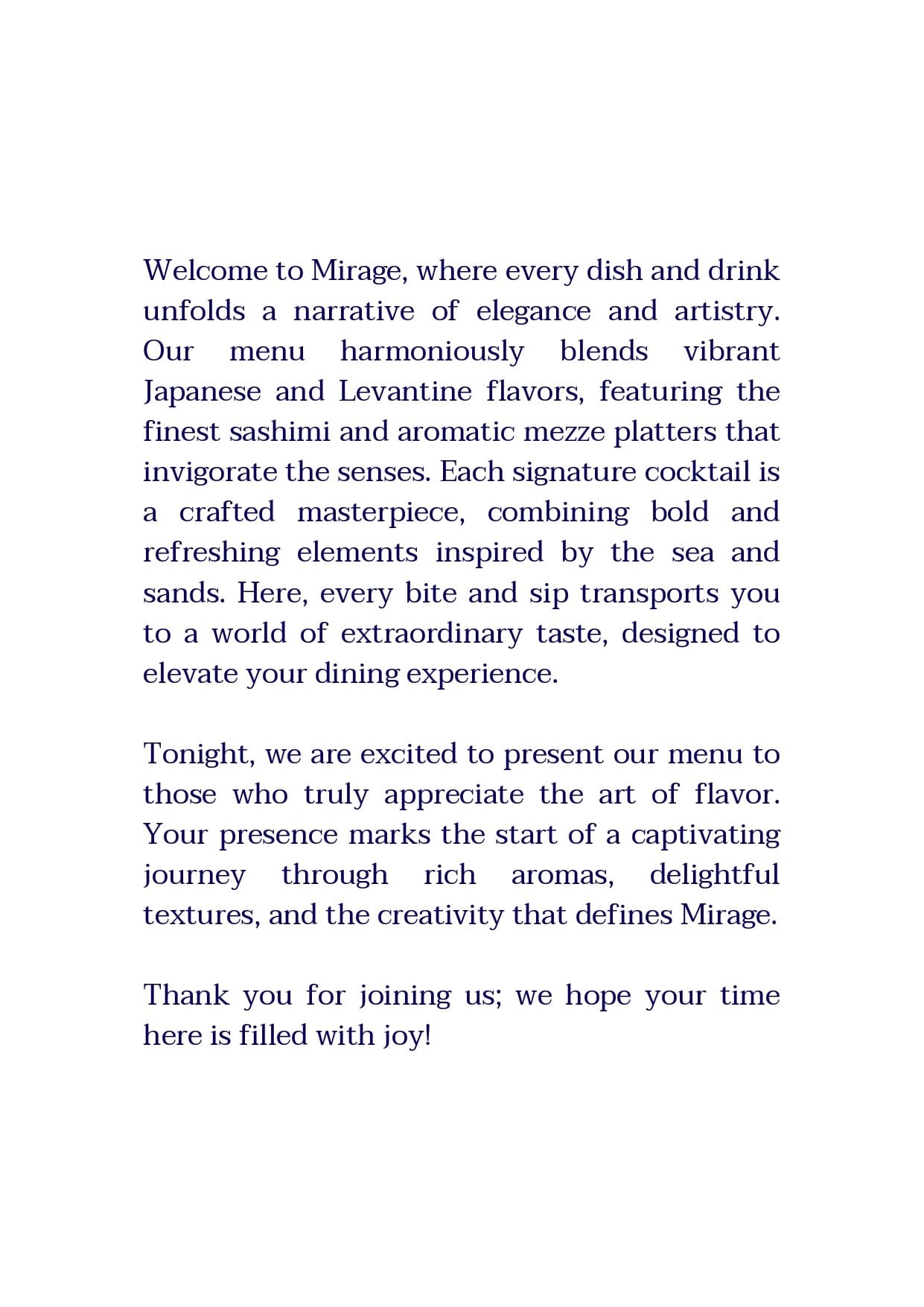 Dining Experience for Two at Mirage, Juhu garden — Food menu