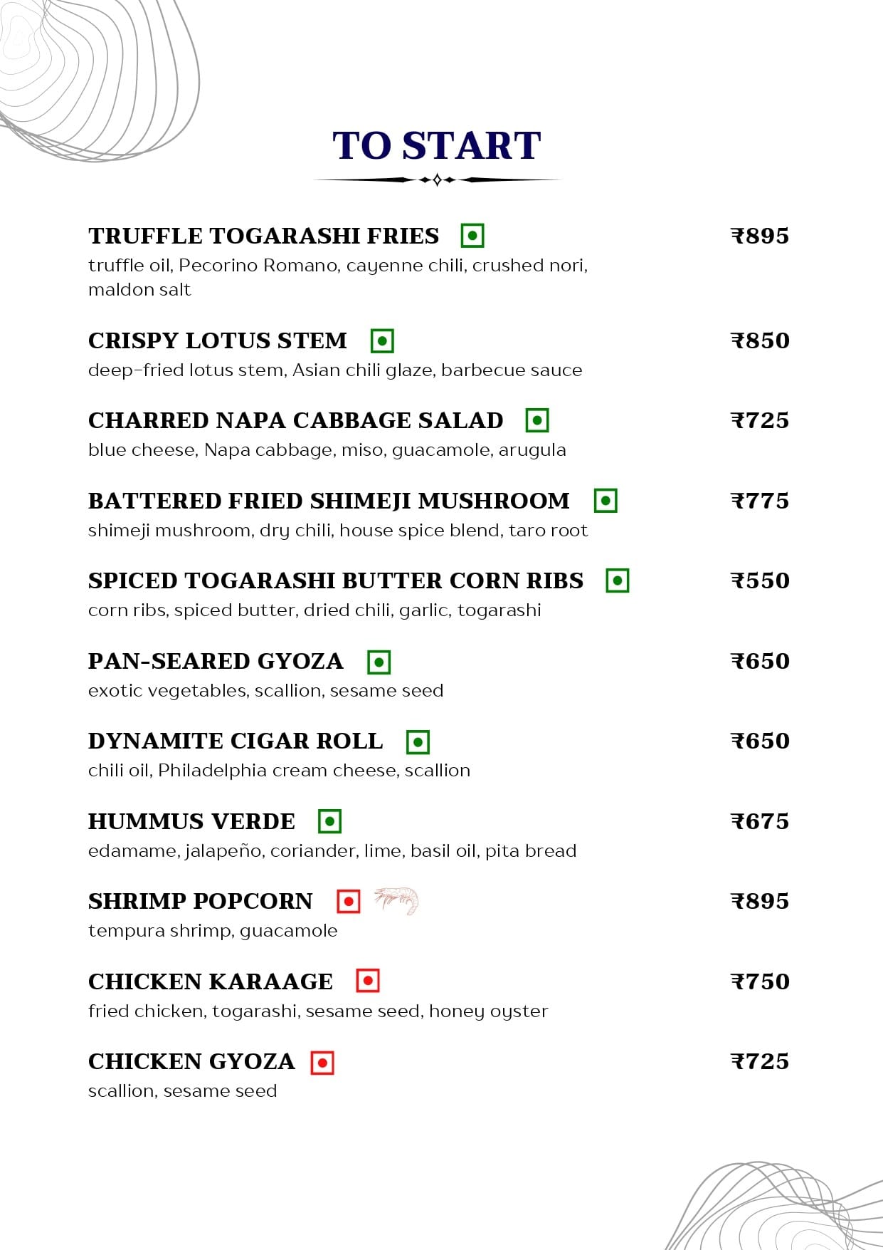 Dining Experience for Two at Mirage, Juhu garden — Food menu