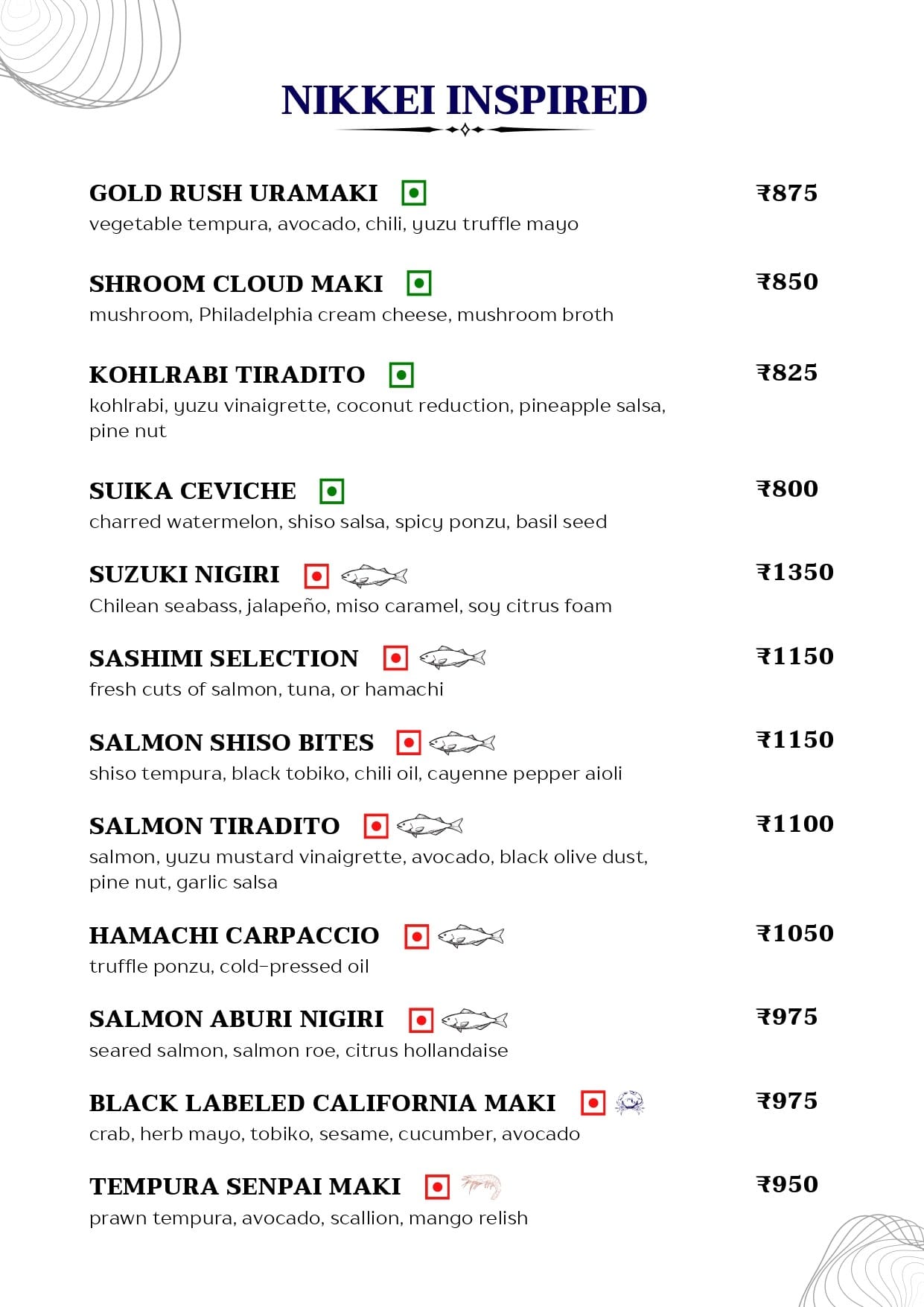 Dining Experience for Two at Mirage, Juhu garden — Food menu
