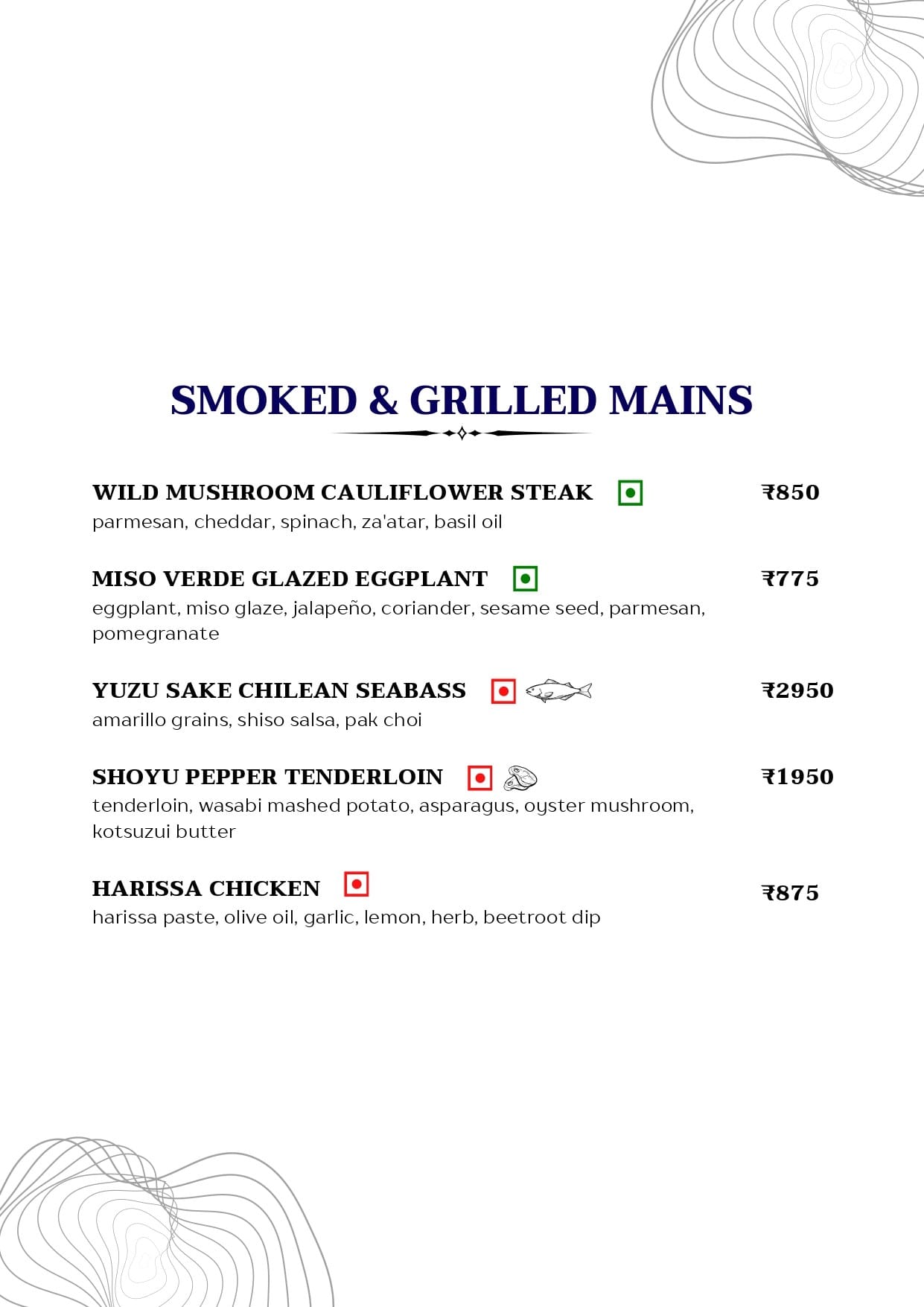 Dining Experience for Two at Mirage, Juhu garden — Food menu
