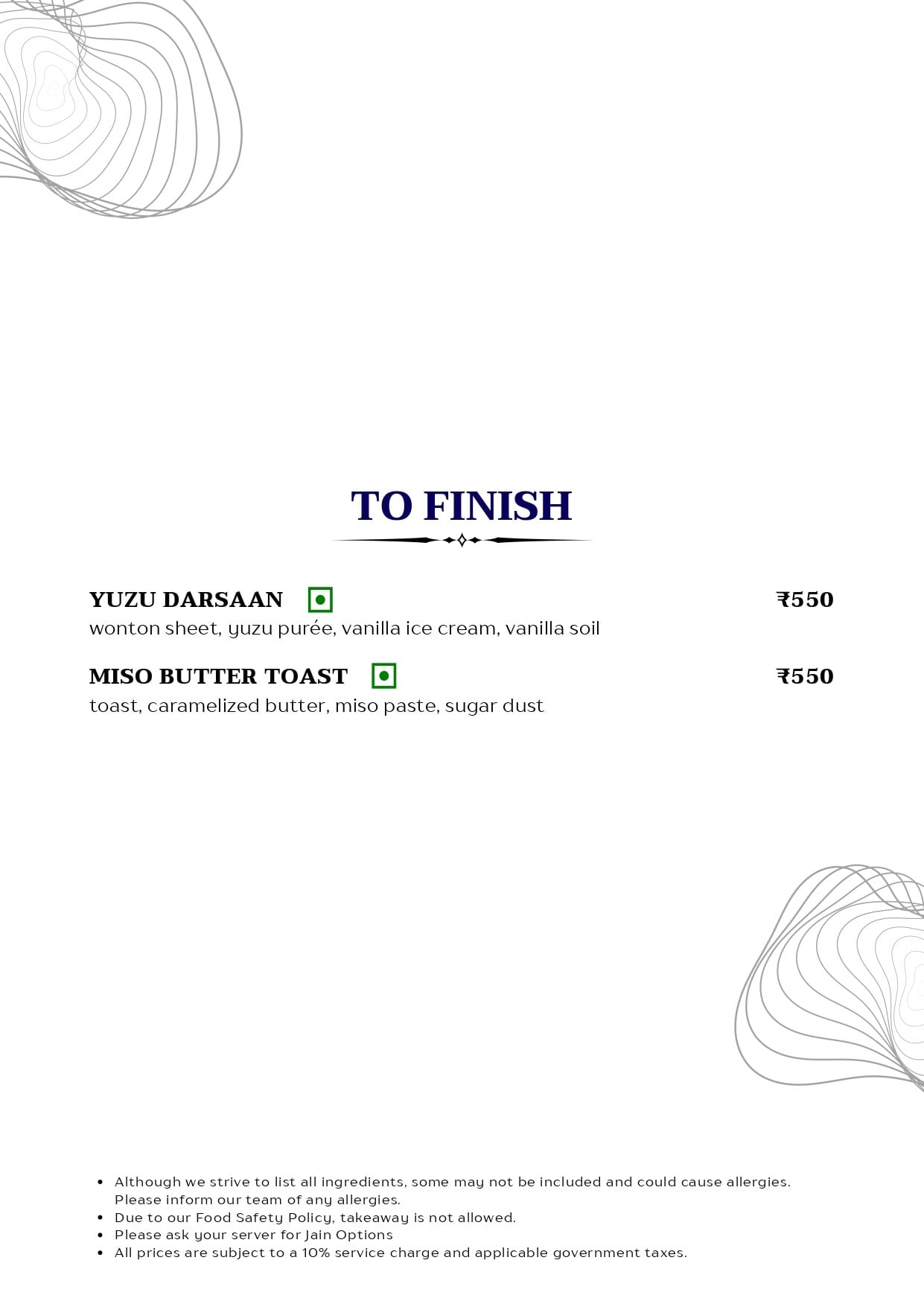 Dining Experience for Two at Mirage, Juhu garden — Food menu