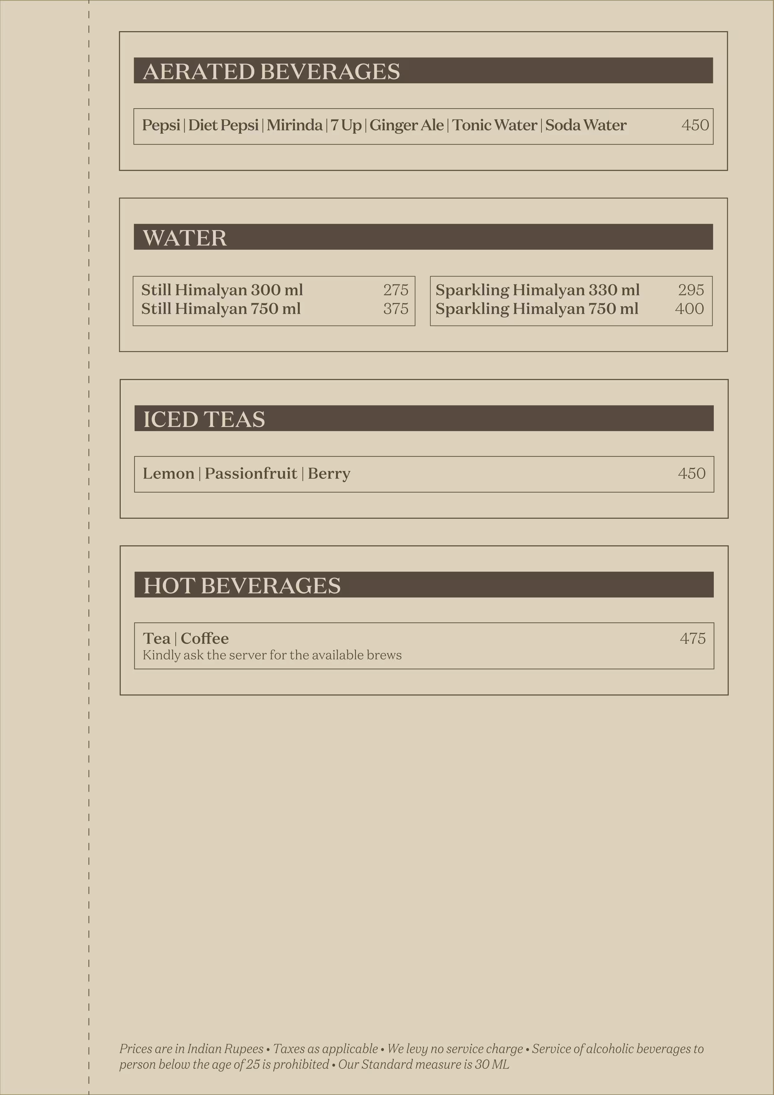 Dining Experience for Two at Jw Lounge, Mumbai — Beverages menu