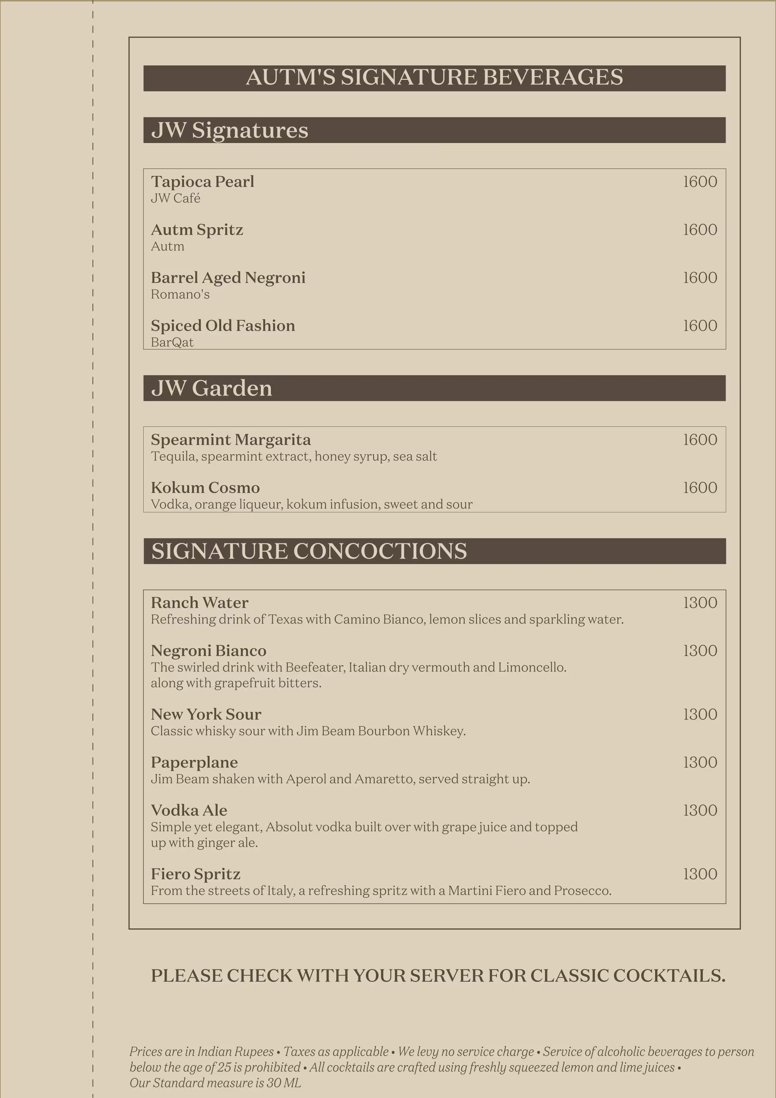 Dining Experience for Two at Jw Lounge, Mumbai — Beverages menu