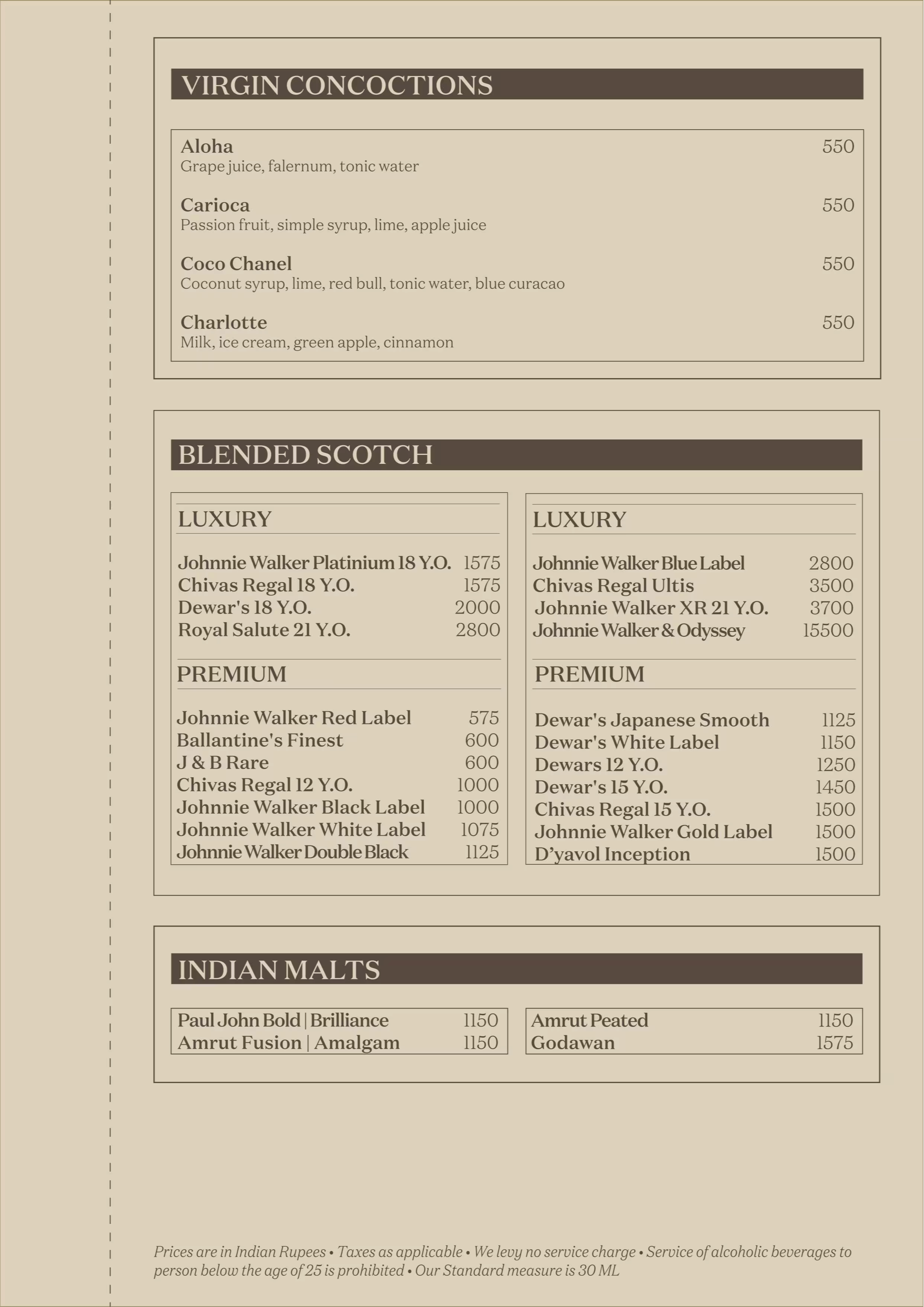 Dining Experience for Two at Jw Lounge, Mumbai — Beverages menu