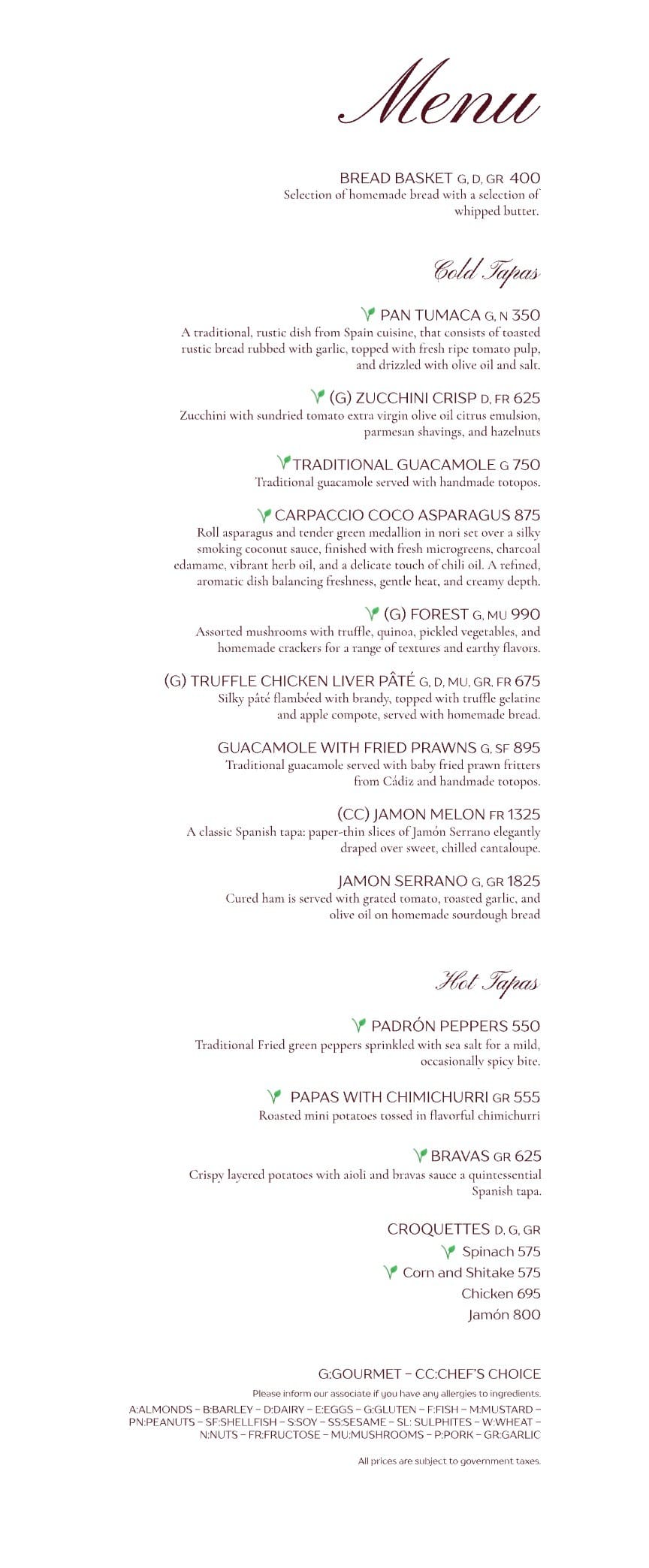 Dining Experience for Two at Milagro, South Mumbai — Food menu