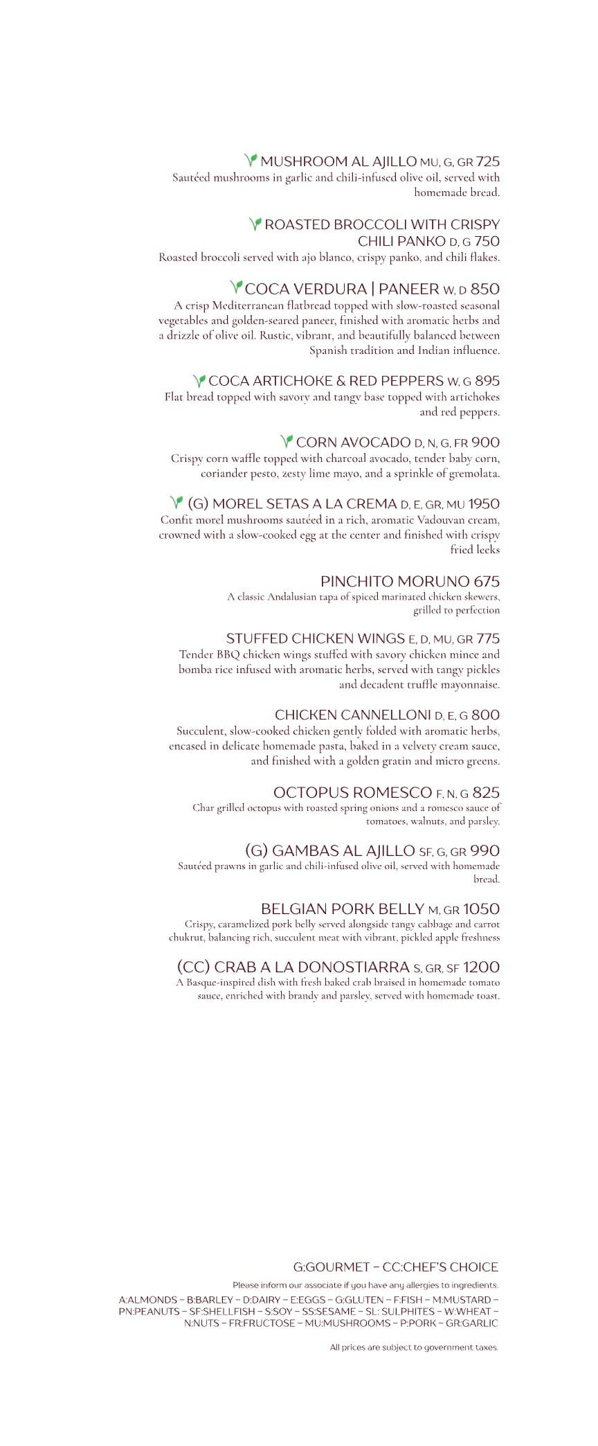 Dining Experience for Two at Milagro, South Mumbai — Food menu