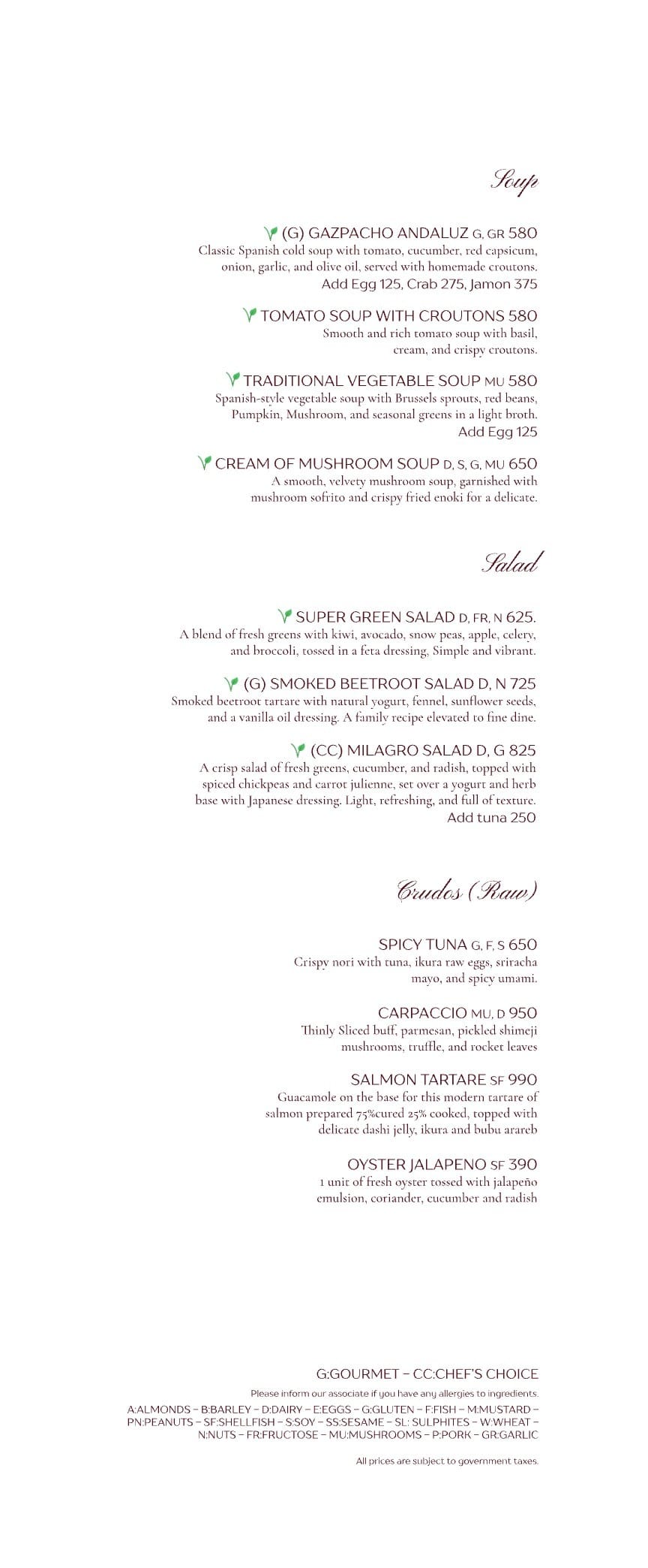 Dining Experience for Two at Milagro, South Mumbai — Food menu