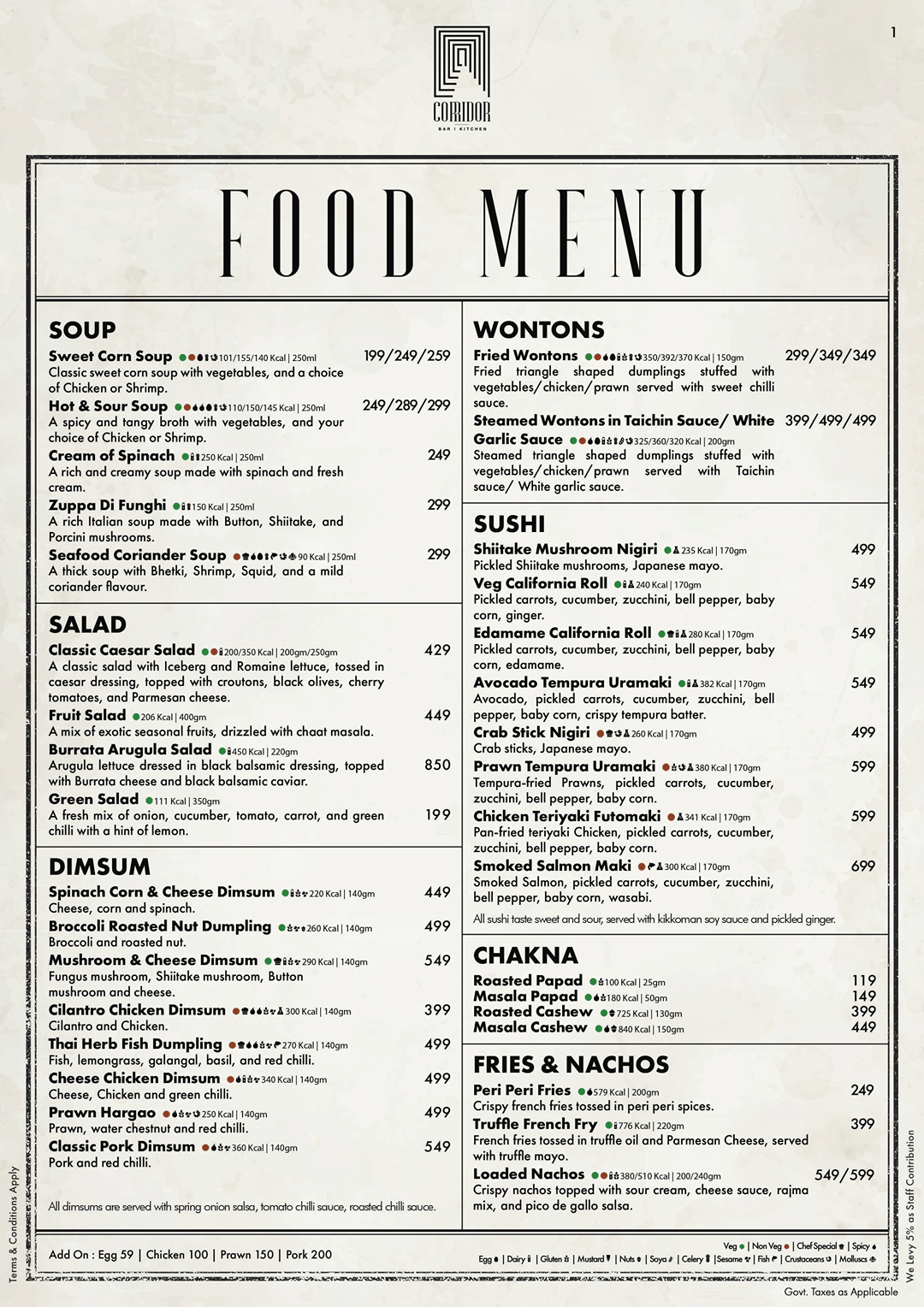 Corridor Bar And Kitchen Menu, Menu for Corridor Bar And Kitchen, Park ...