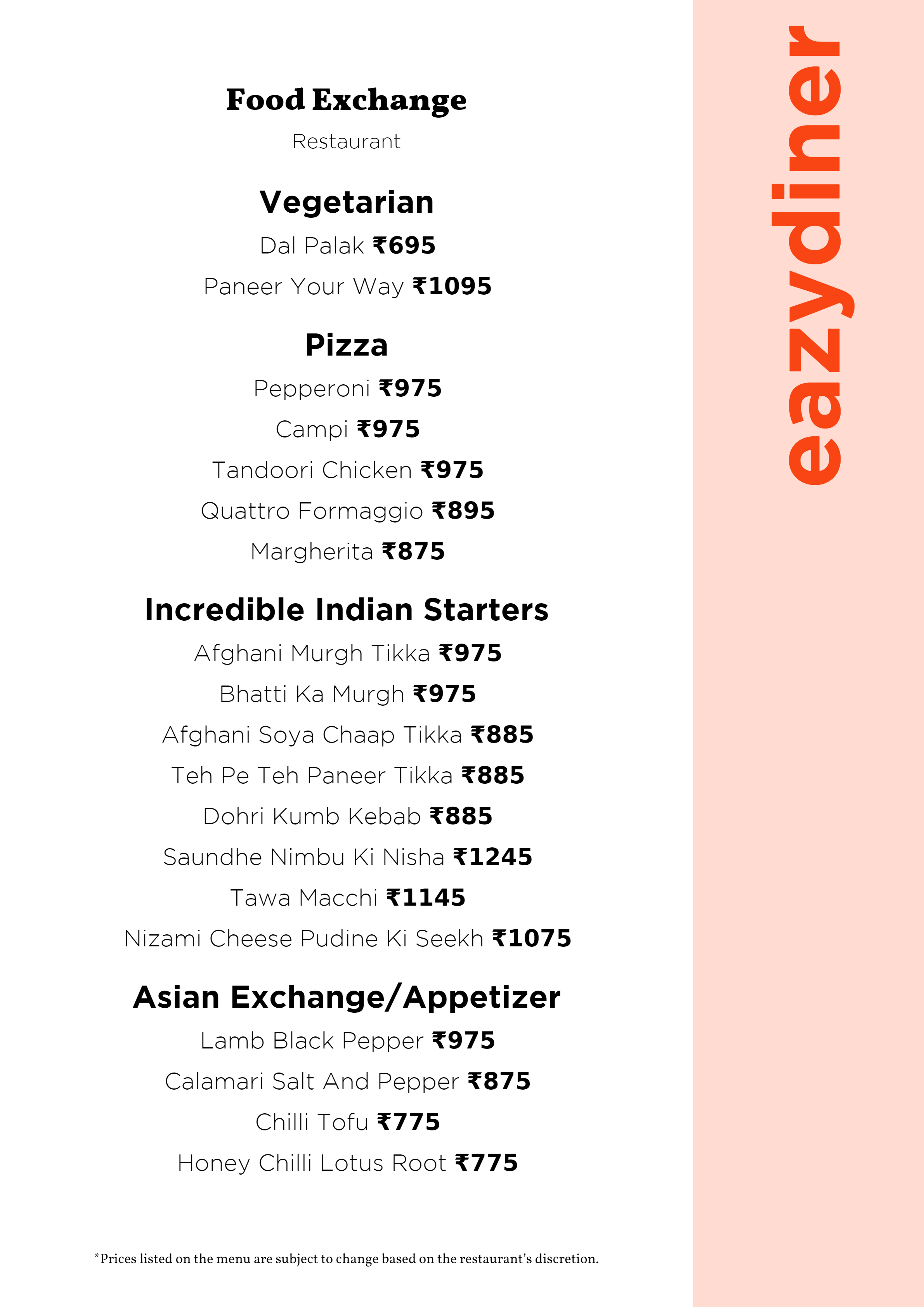 Dining Experience for Two at Food Exchange, Delhi NCR — Food menu