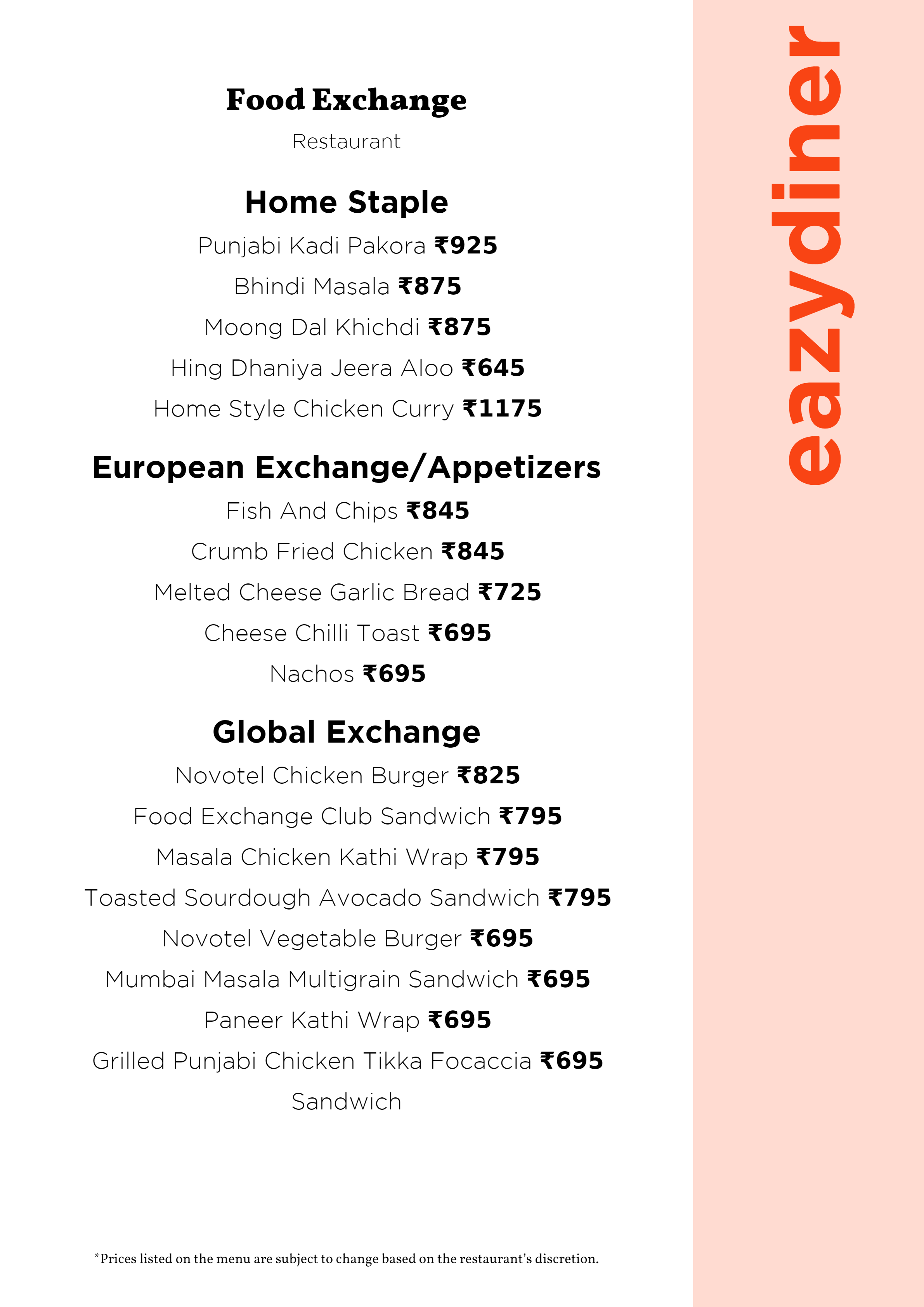 Dining Experience for Two at Food Exchange, Delhi NCR — Food menu