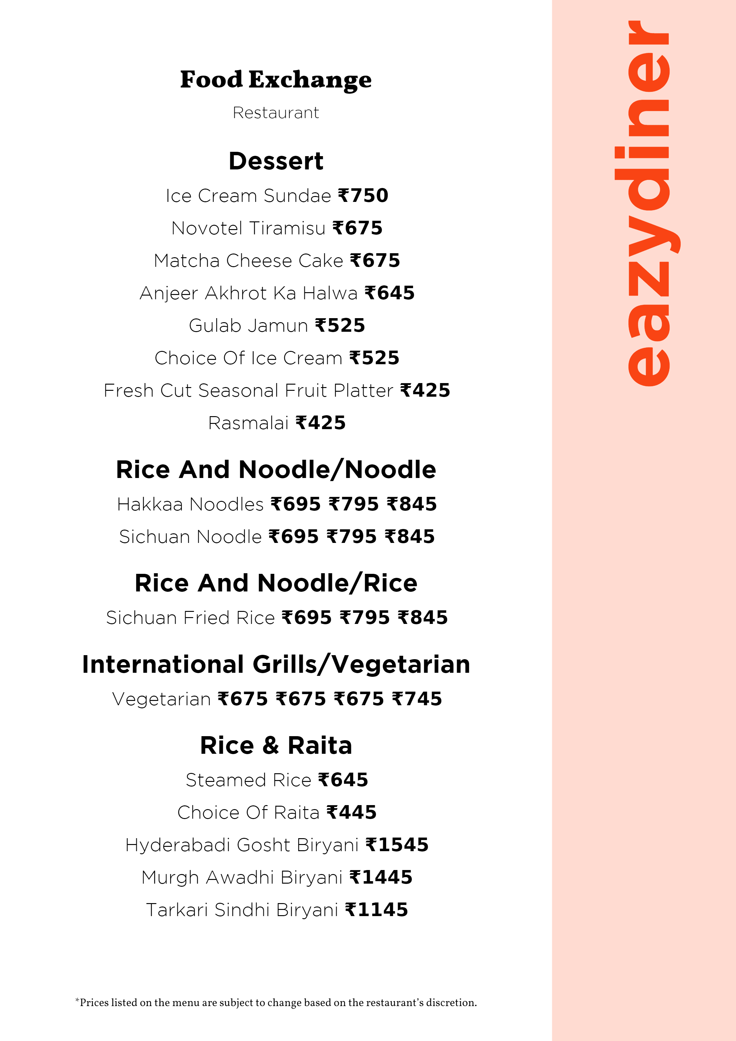 Dining Experience for Two at Food Exchange, Delhi NCR — Food menu