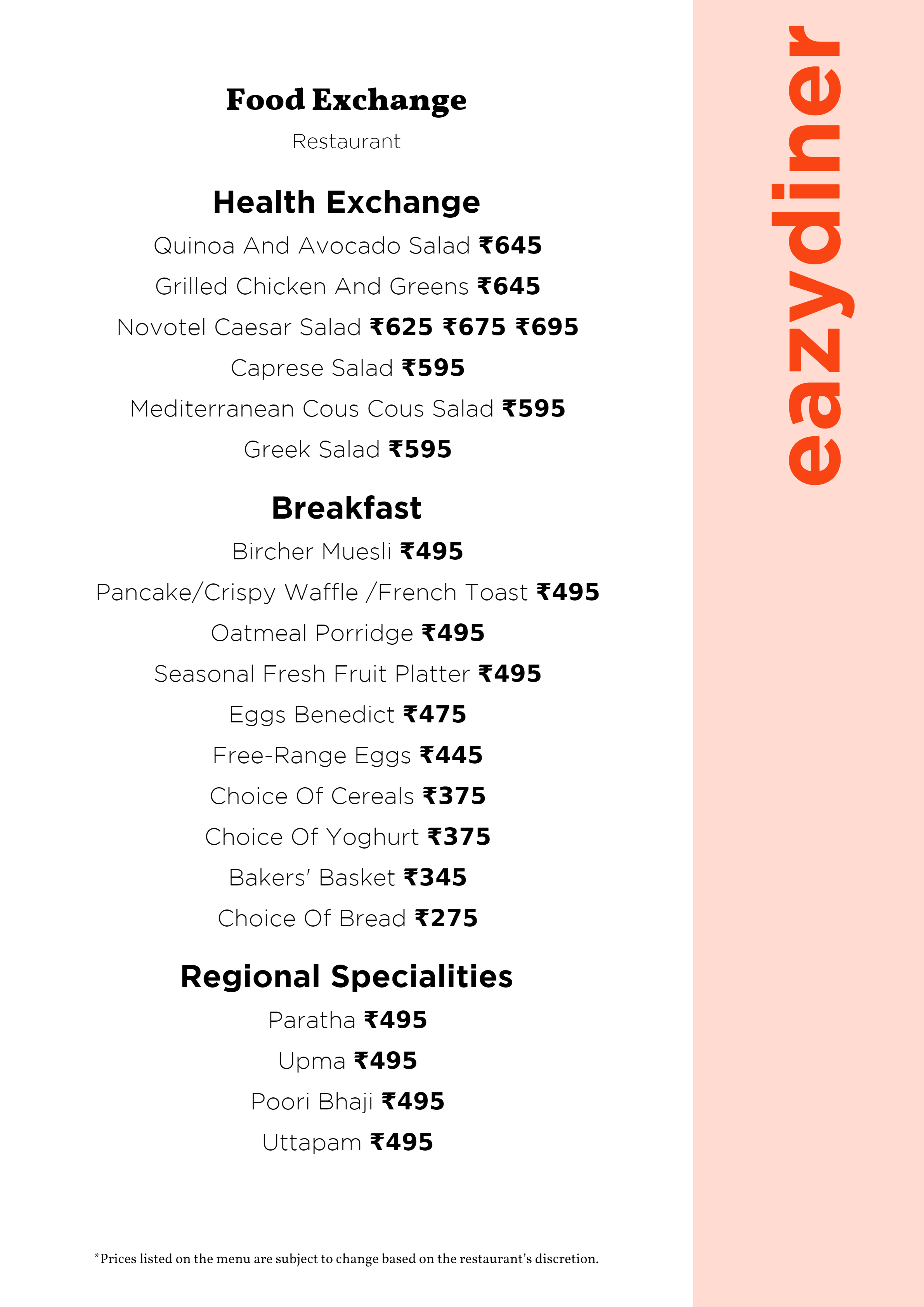 Dining Experience for Two at Food Exchange, Delhi NCR — Food menu
