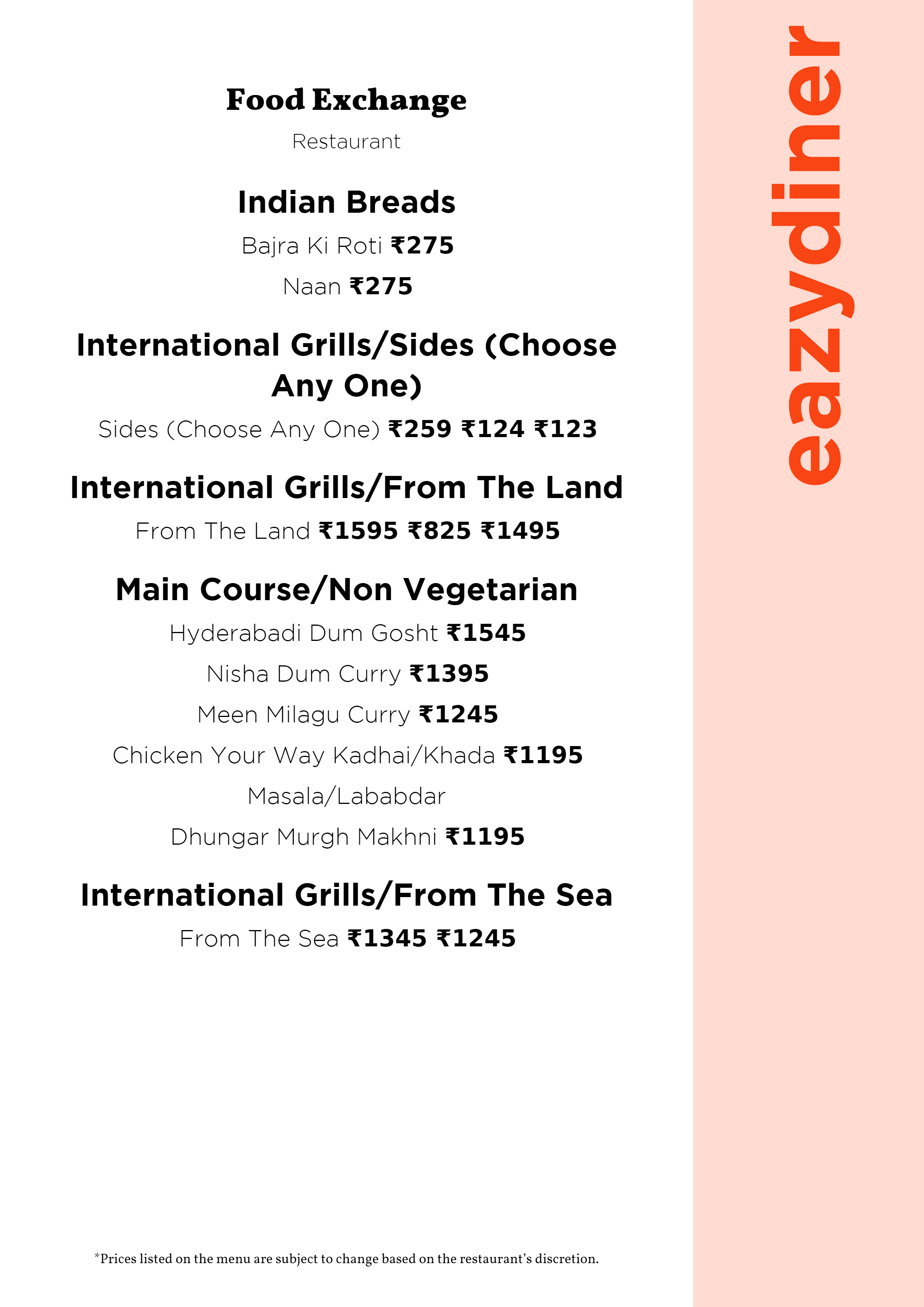 Dining Experience for Two at Food Exchange, Delhi NCR — Food menu