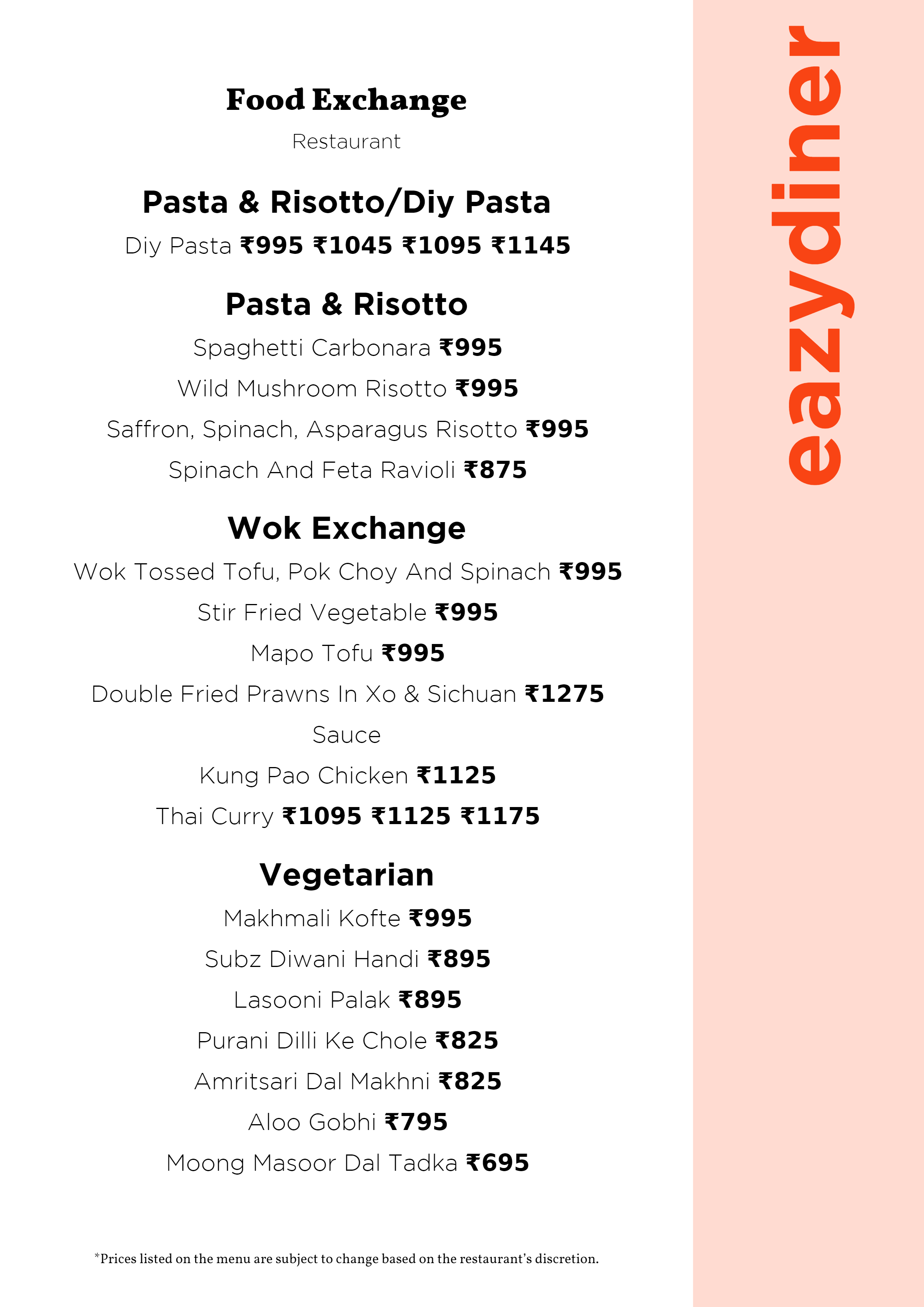 Dining Experience for Two at Food Exchange, Delhi NCR — Food menu