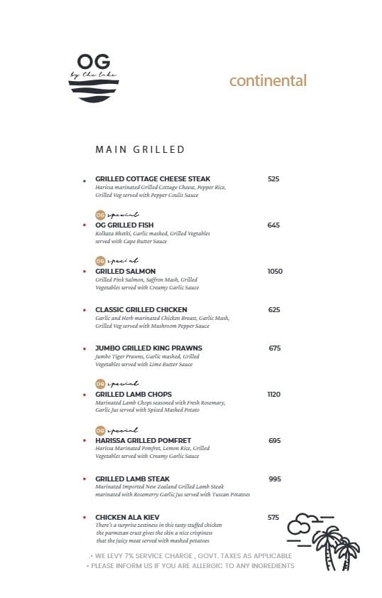 Menu of OG by the lake, Topsia, Kolkata