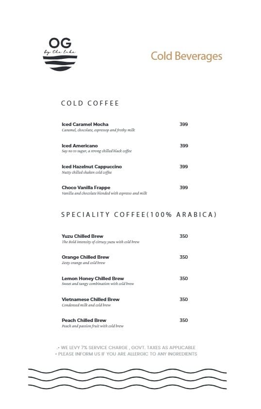 Menu of OG by the lake, Topsia, Kolkata