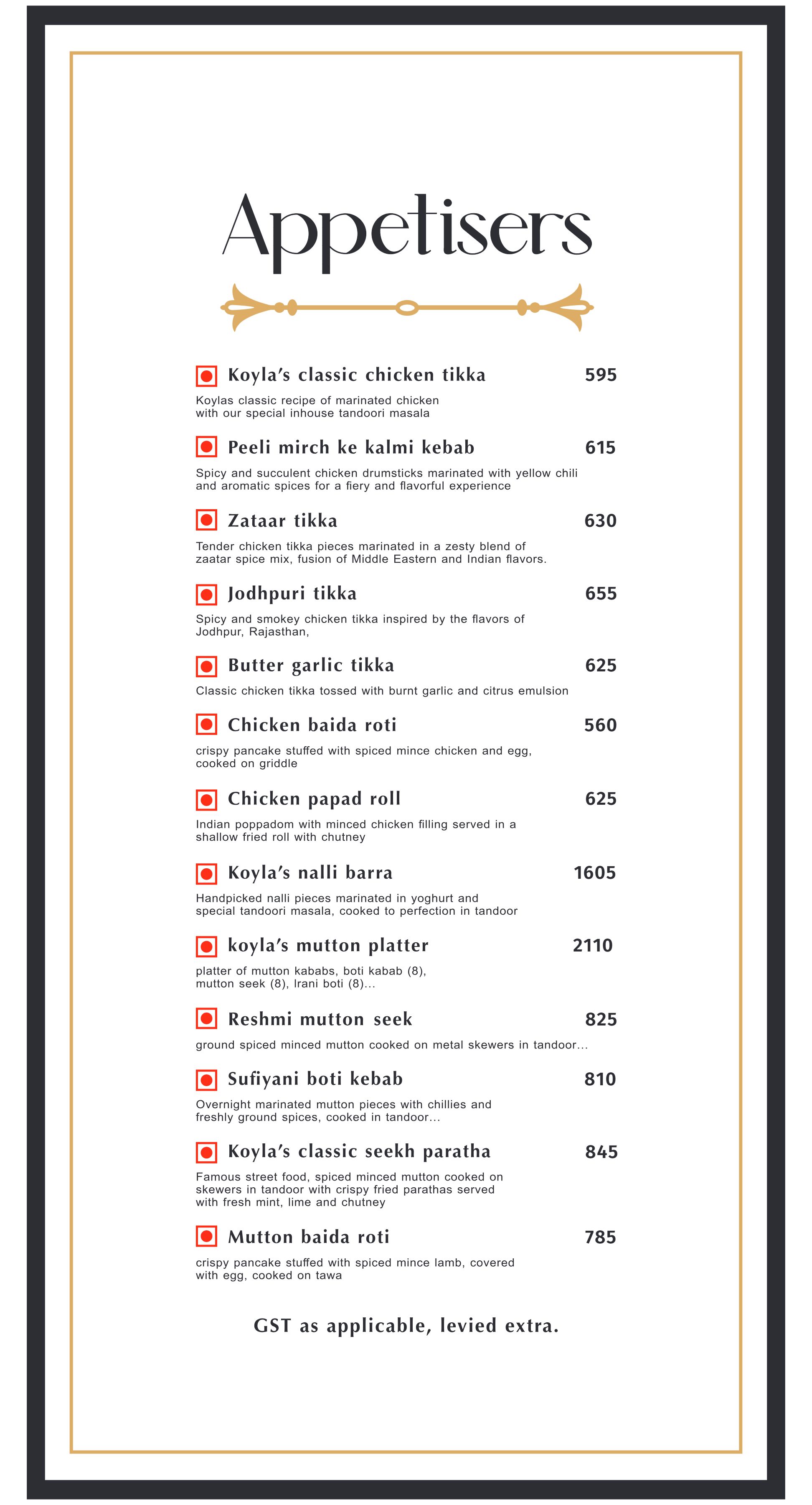 Dining Experience for Two at Koyla - Ethnic Cuisine, South Mumbai — Food menu