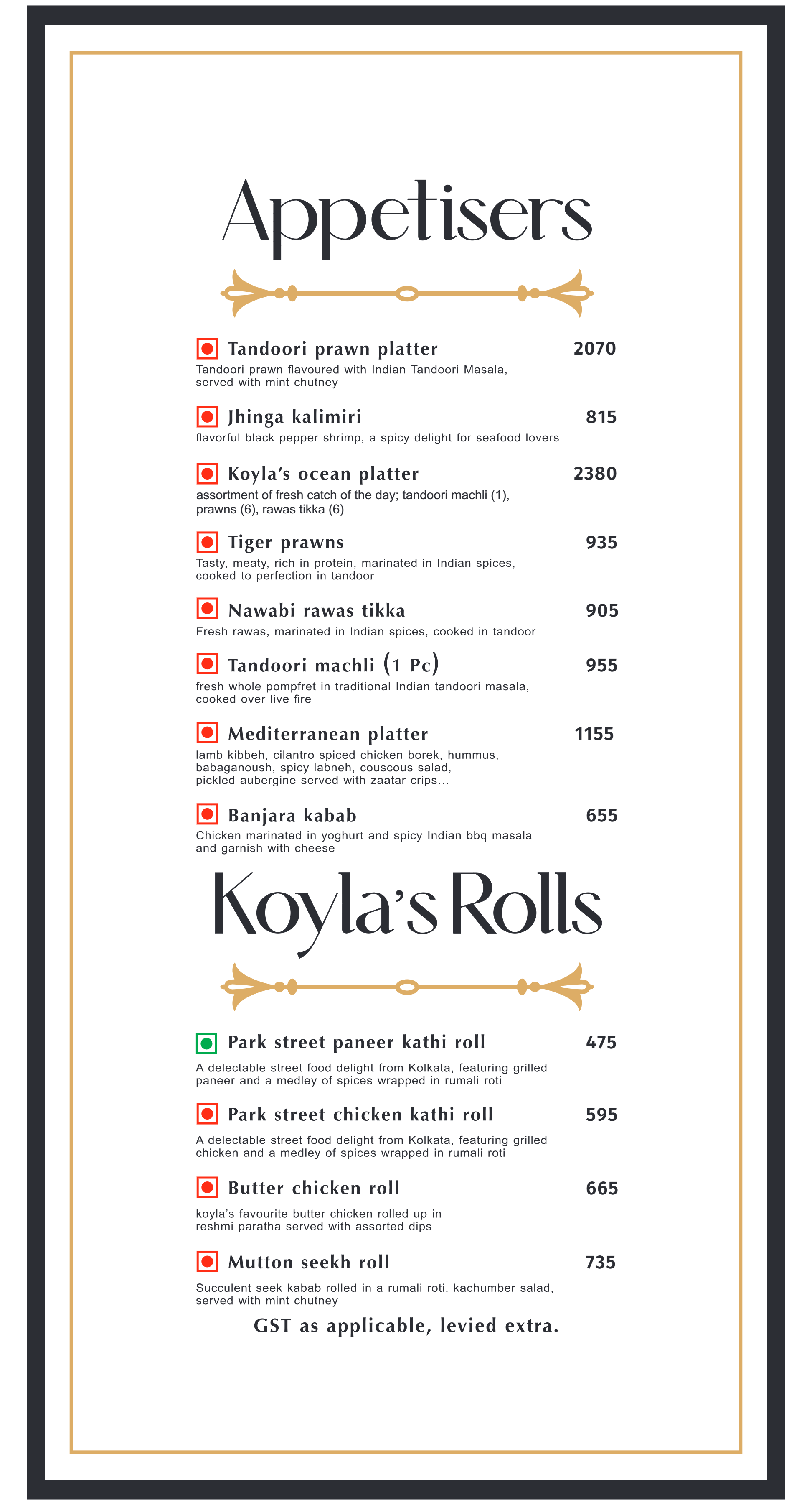 Dining Experience for Two at Koyla - Ethnic Cuisine, South Mumbai — Food menu