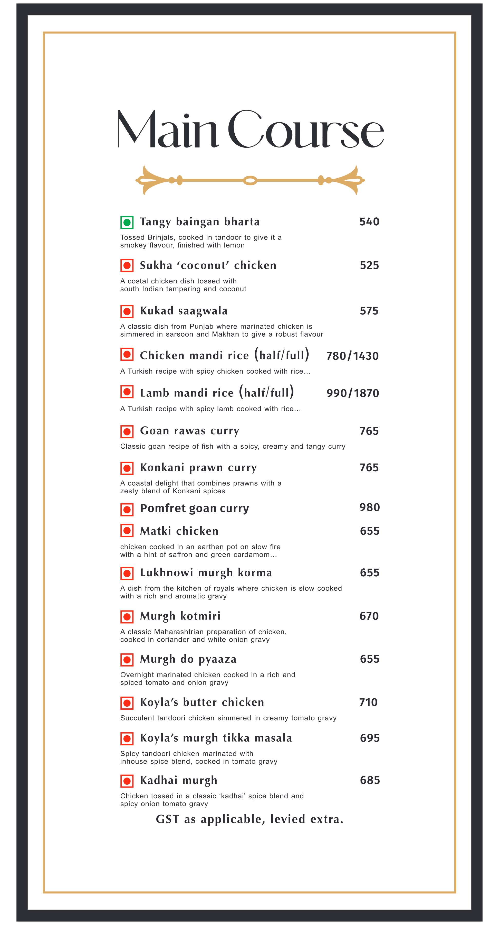 Dining Experience for Two at Koyla - Ethnic Cuisine, South Mumbai — Food menu