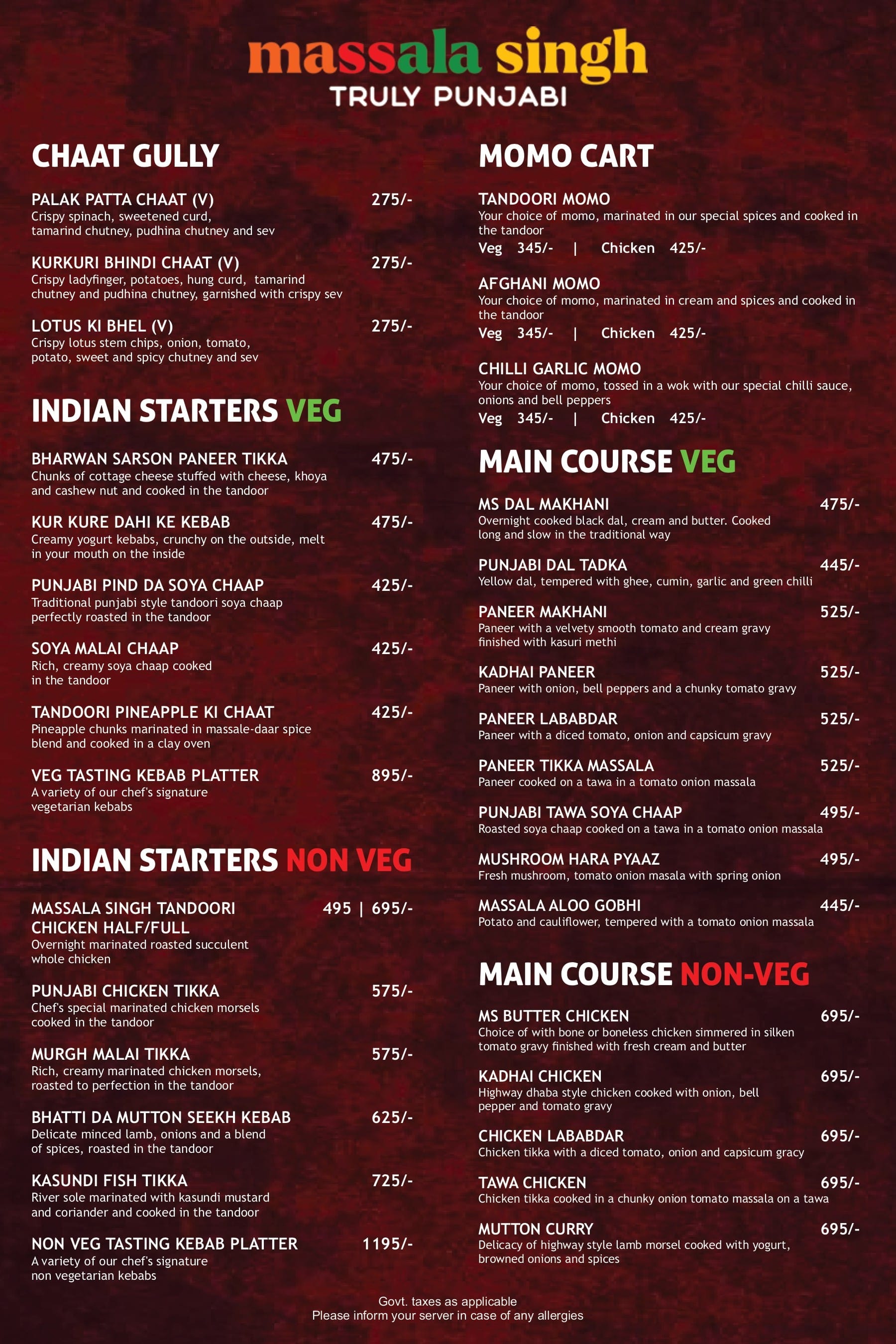 Dining Experience for Two at Massala Singh, Central Delhi — Food menu