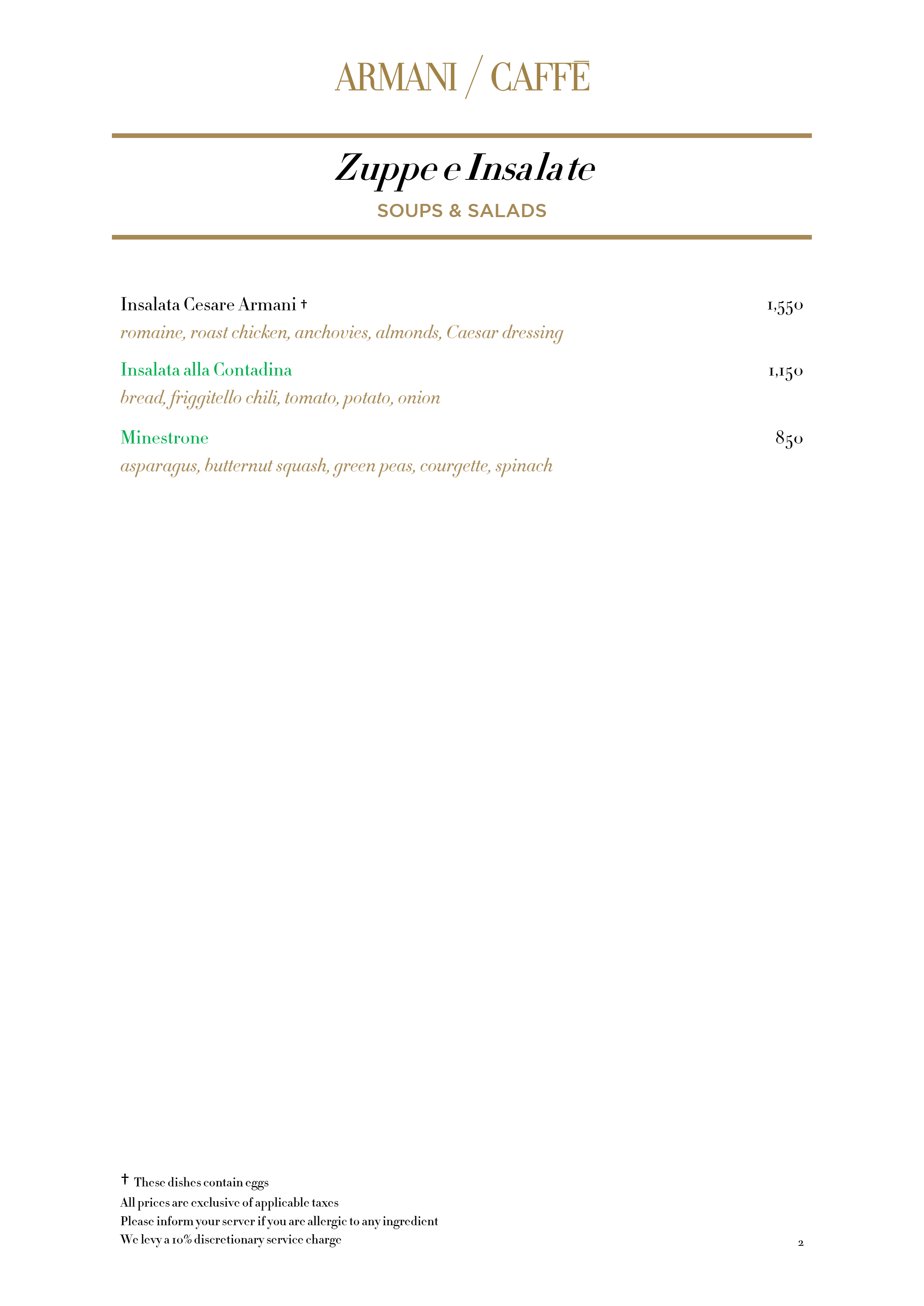 Dining Experience for Two at Armani Caffe Jio World Plaza Bkc, South Mumbai — Food menu