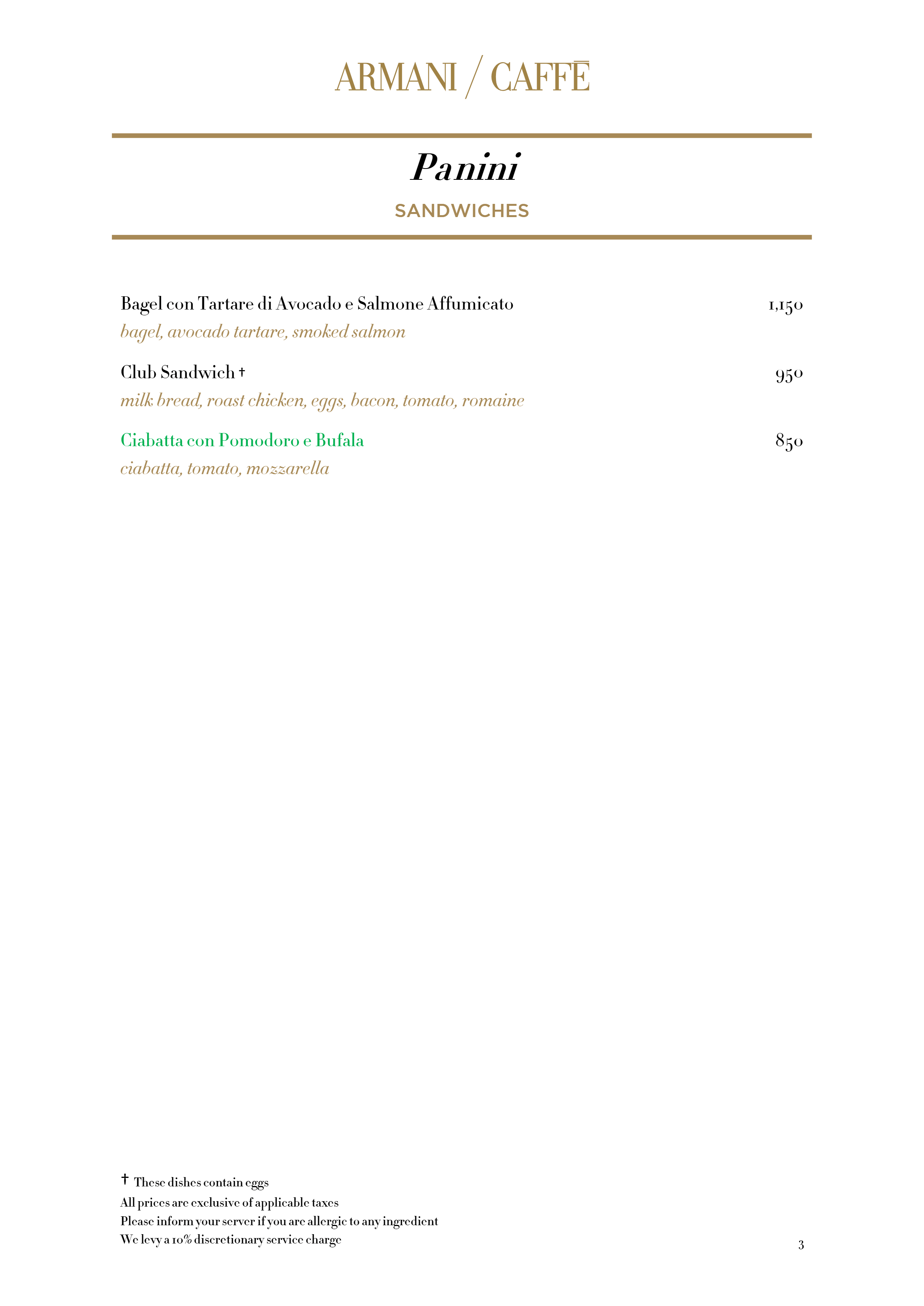 Dining Experience for Two at Armani Caffe Jio World Plaza Bkc, South Mumbai — Food menu