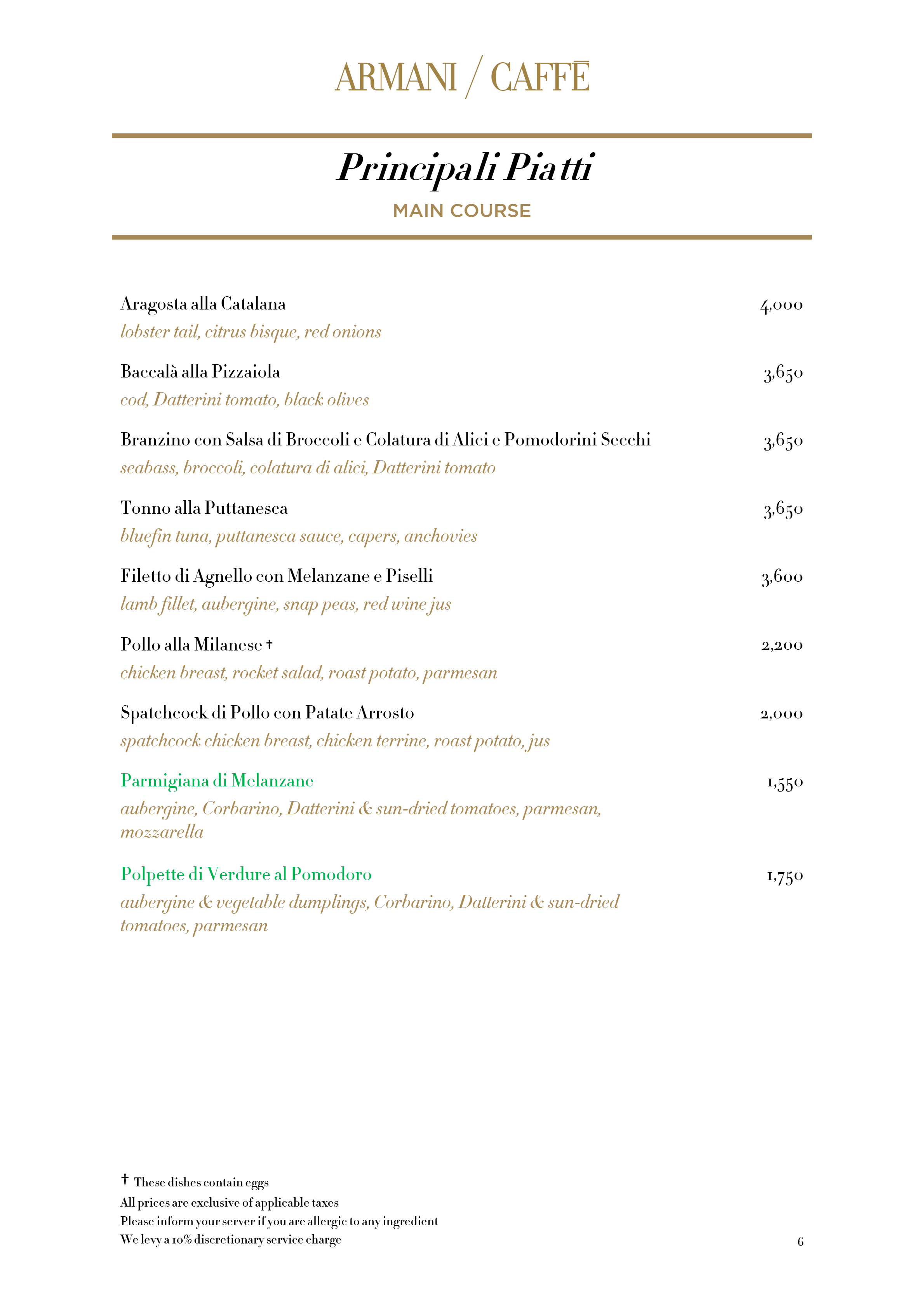 Dining Experience for Two at Armani Caffe Jio World Plaza Bkc, South Mumbai — Food menu