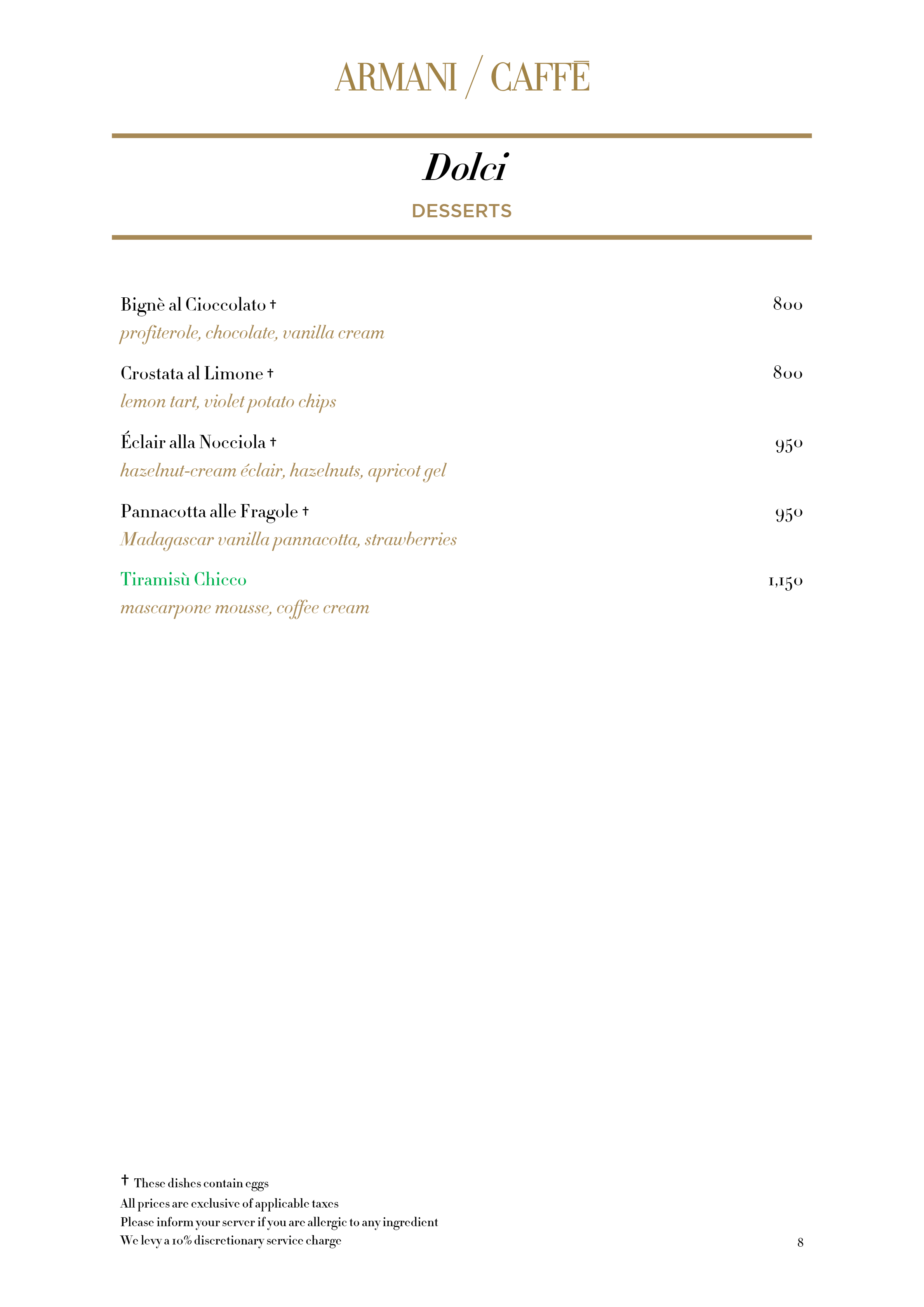 Dining Experience for Two at Armani Caffe Jio World Plaza Bkc, South Mumbai — Food menu