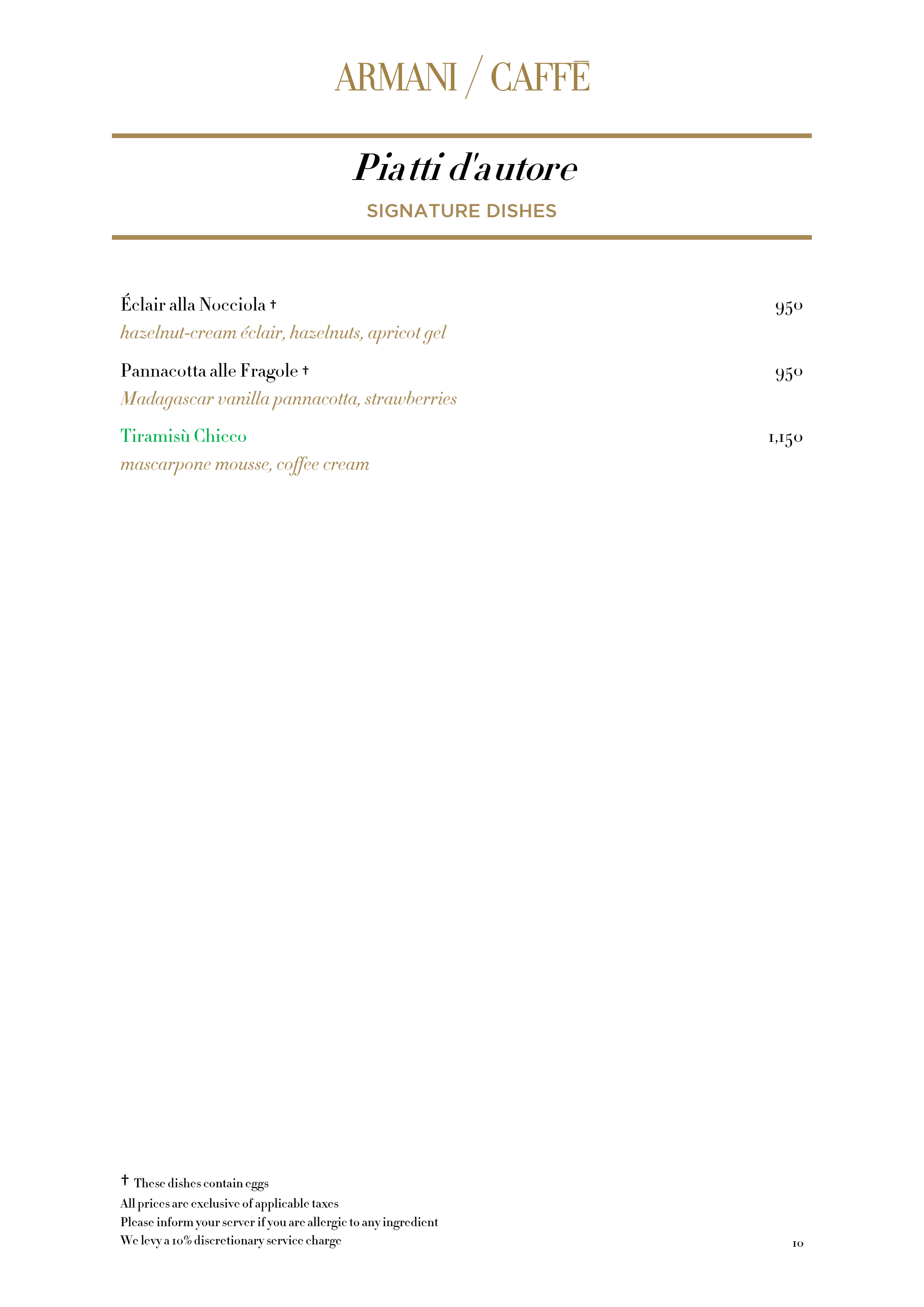 Dining Experience for Two at Armani Caffe Jio World Plaza Bkc, South Mumbai — Food menu