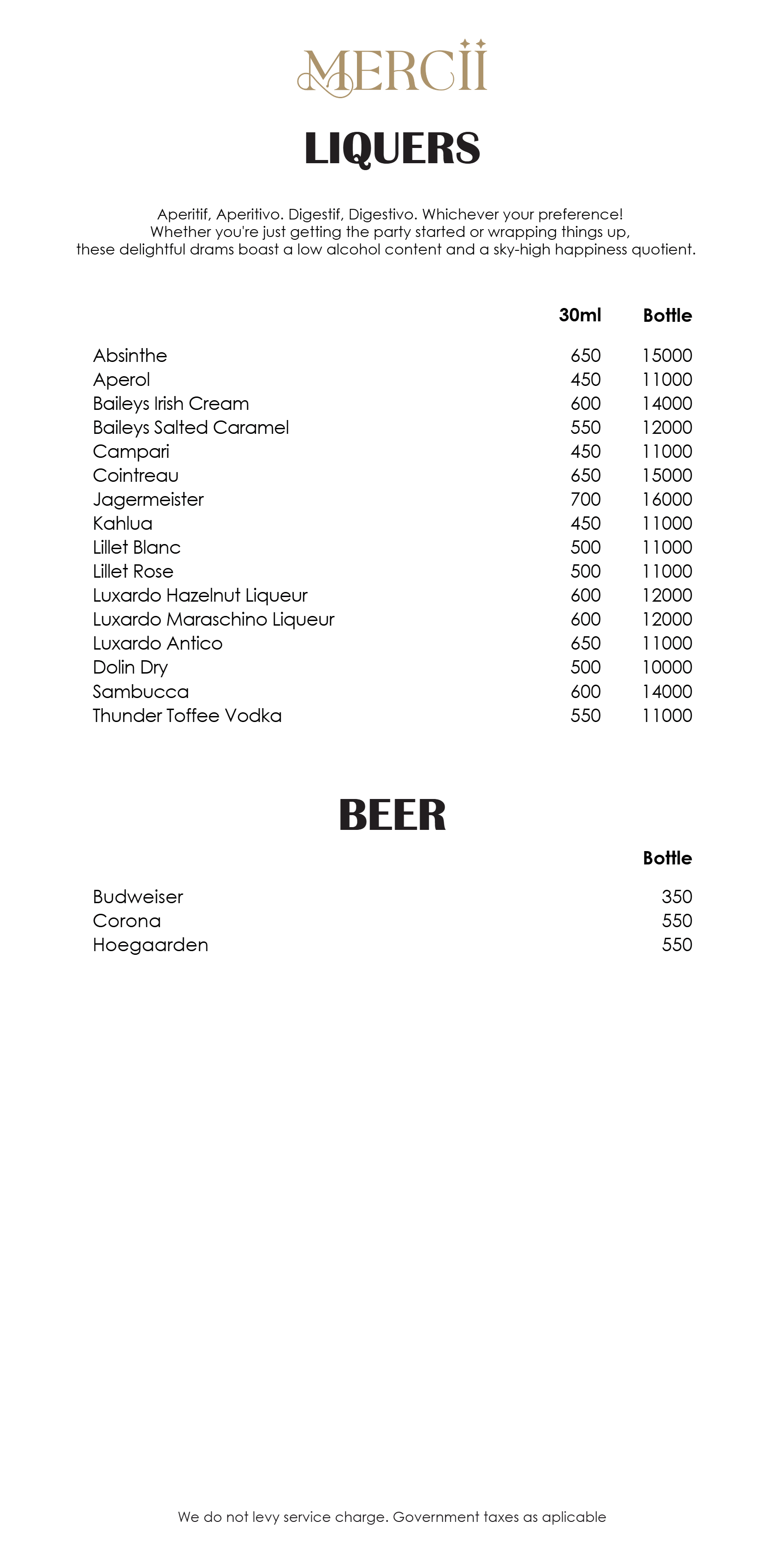 Dining Experience for Two at Mercii, Western Suburbs — Beverages menu