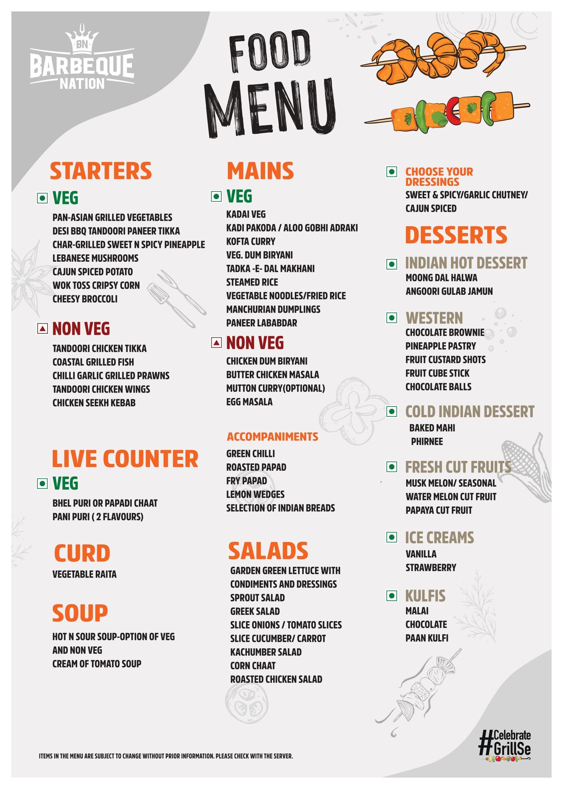 Dining Experience for Two at Barbeque Nation, Central Delhi — Food menu