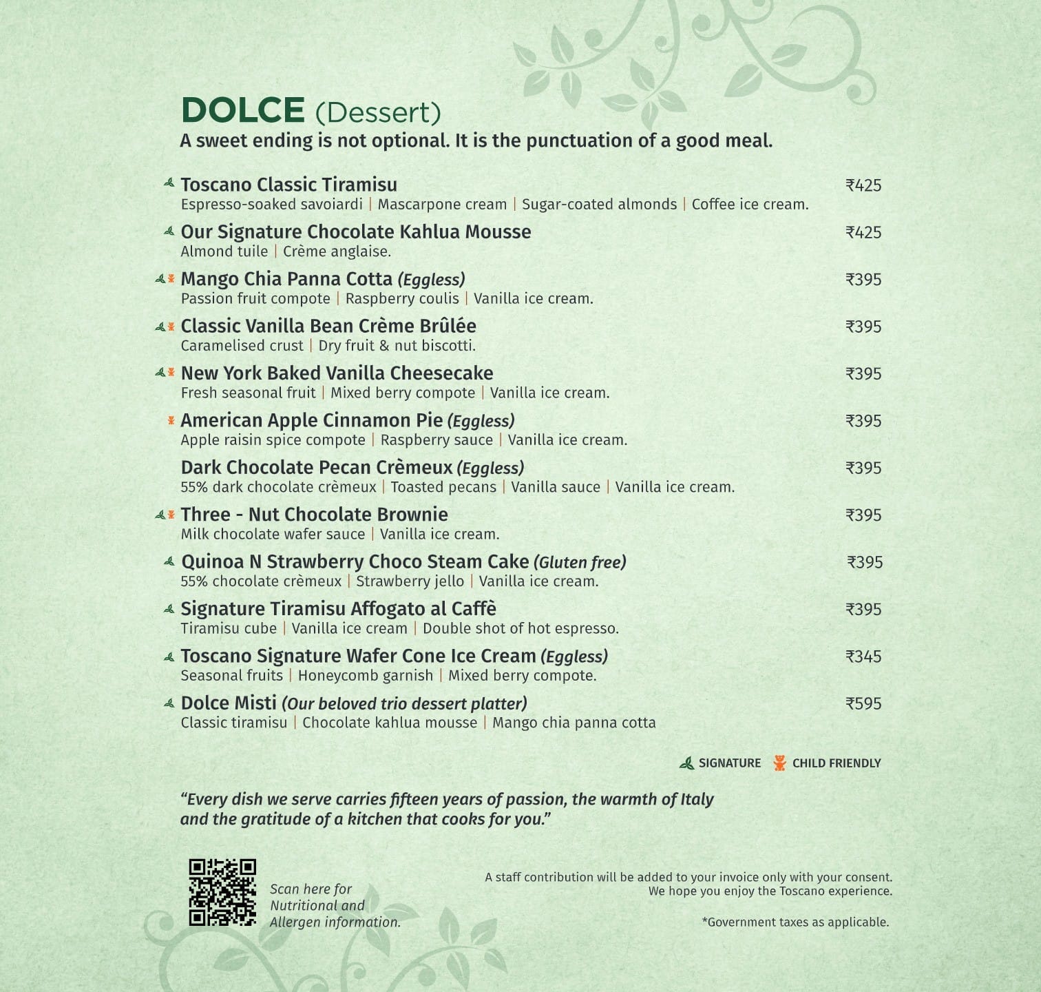 Dining Experience for Two at Toscano, Central Bengaluru — Food menu