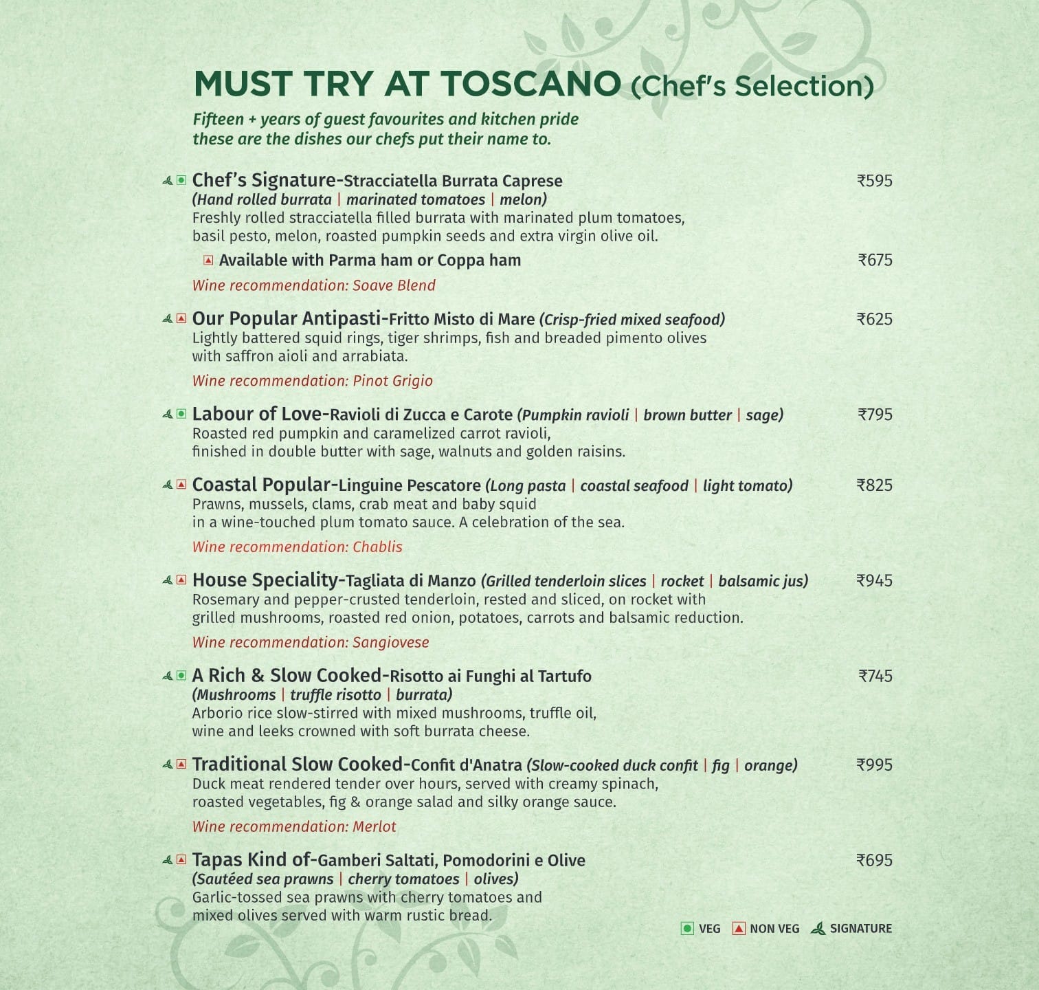 Dining Experience for Two at Toscano, Central Bengaluru — Food menu