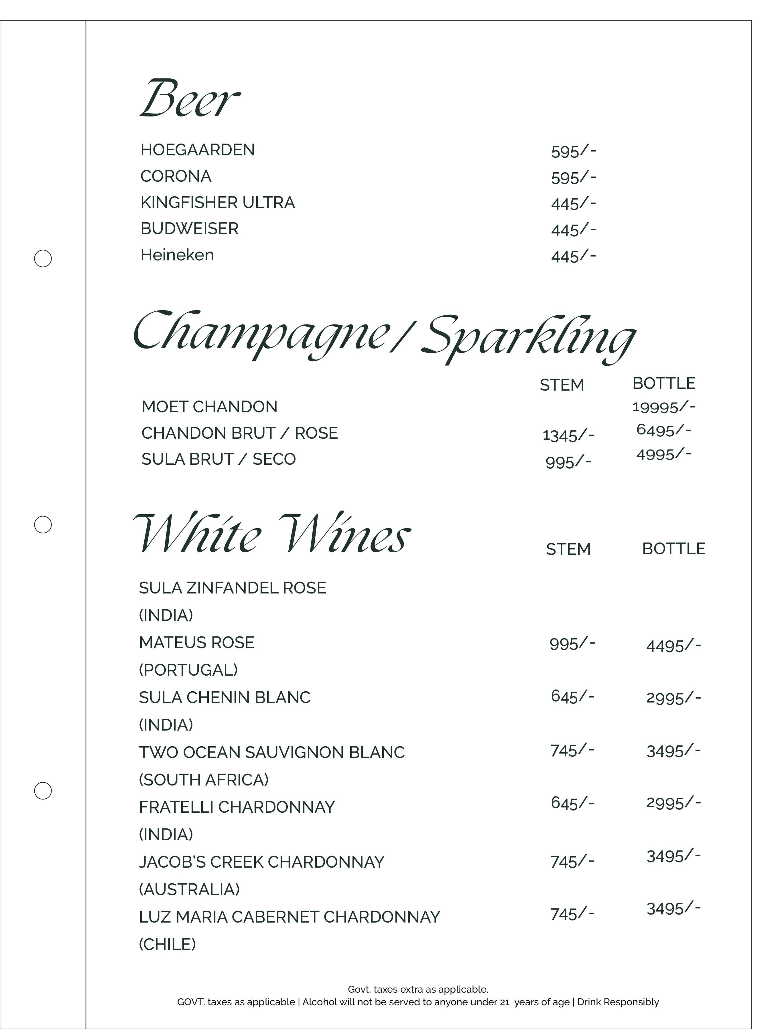 Dining Experience for Two at Romeo Lane Noida Extension, Noida — Beverages menu