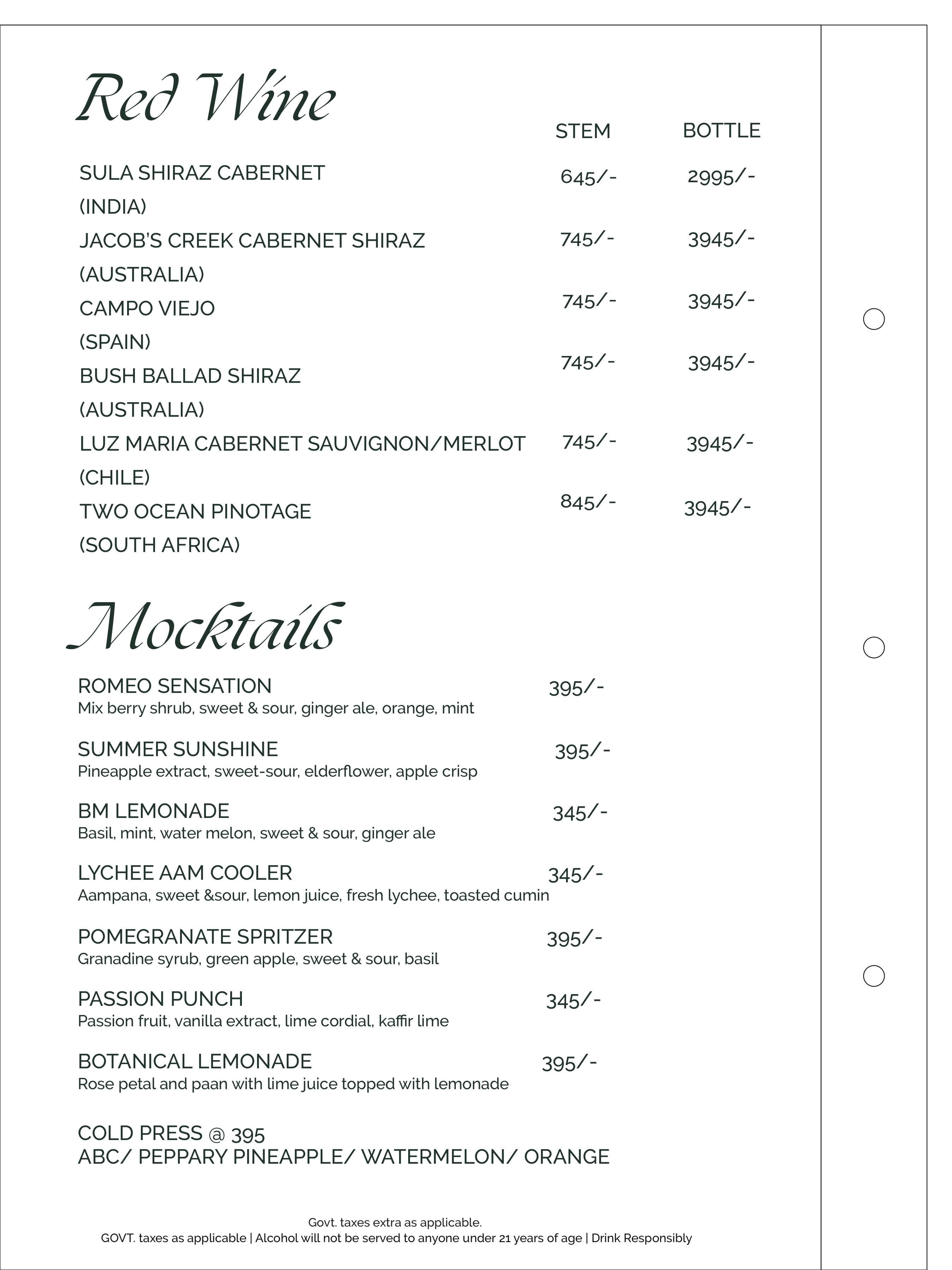 Dining Experience for Two at Romeo Lane Noida Extension, Noida — Beverages menu