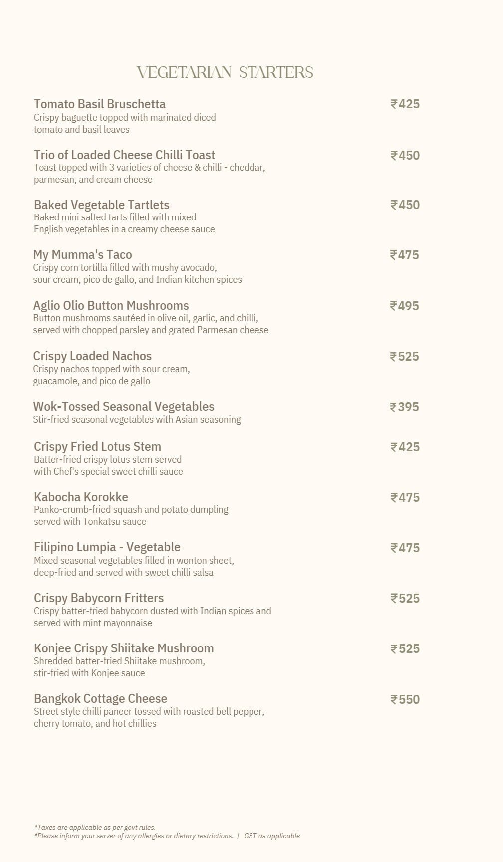 Dining Experience for Two at Skyye, Central Bengaluru — Food menu
