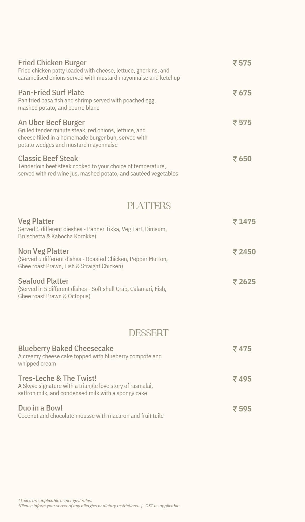 Dining Experience for Two at Skyye, Central Bengaluru — Food menu