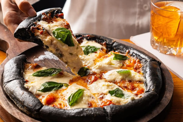 Charcoal Burrata Margarita pizza, NUSARA Kitchen & Bar, Ramee Guestline Hotel Juhu