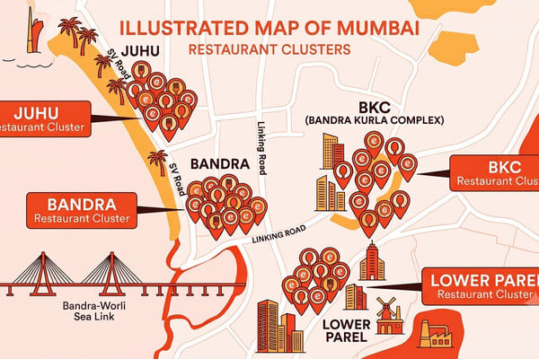 Map view of Mumbai neighbourhoods with restaurant clusters highlighted