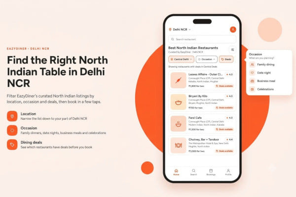 EazyDiner app showing curated North Indian restaurant results with dining deals in Delhi NCR