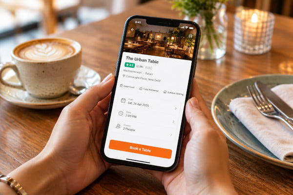 Diner using a smartphone to book a restaurant table online through EazyDiner