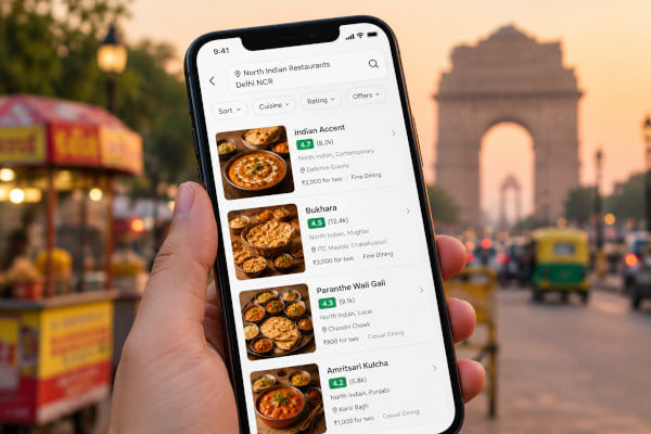 Diners browsing North Indian restaurant options on a phone screen in a Delhi NCR setting