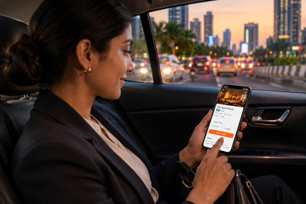 Professional checking EazyDiner app for a confirmed dinner reservation during a commute