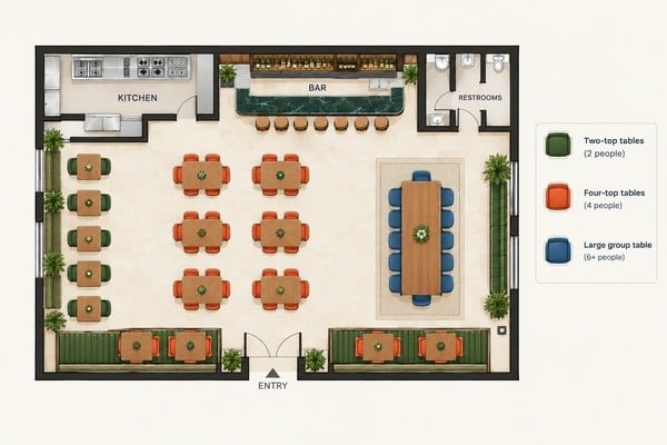 A clean restaurant floor plan diagram with colour coded tables for two-tops, four-tops and large groups, overhead view