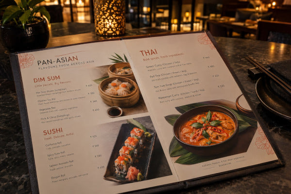 A Pan-Asian menu with dim sum, sushi and Thai sections 
