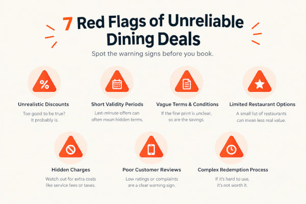 Clean infographic checklist with seven warning sign icons for unreliable dining deals against a light background