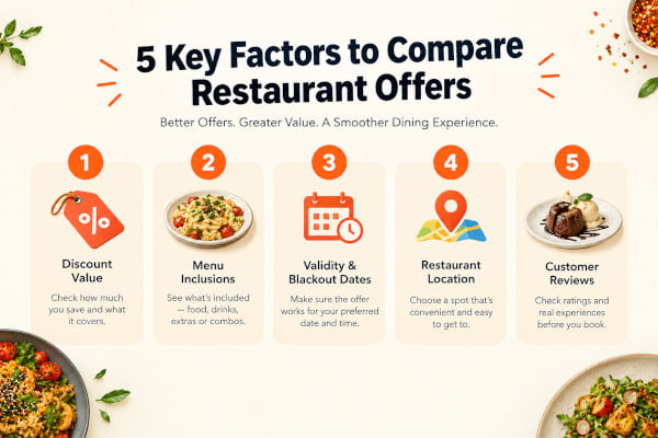 An illustrated checklist graphic showing five numbered comparison criteria for restaurant offers against a clean background with food icons