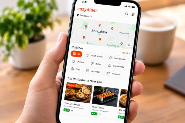 Close-up of a mobile app screen displaying cuisine filter buttons and a city map, clean interface, bright colours, restaurant thumbnails below filters