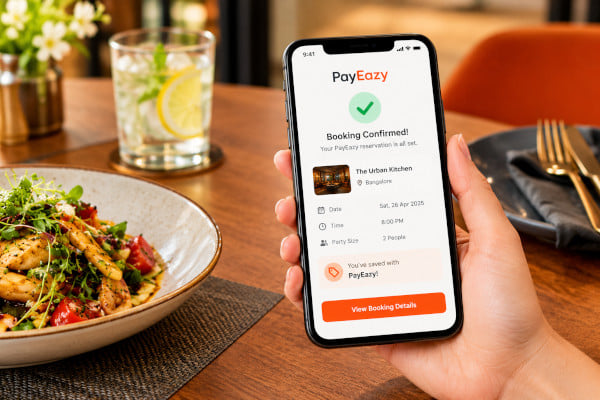 Diner seated at a restaurant table presenting a phone screen with a PayEazy booking confirmation to a smiling restaurant host
