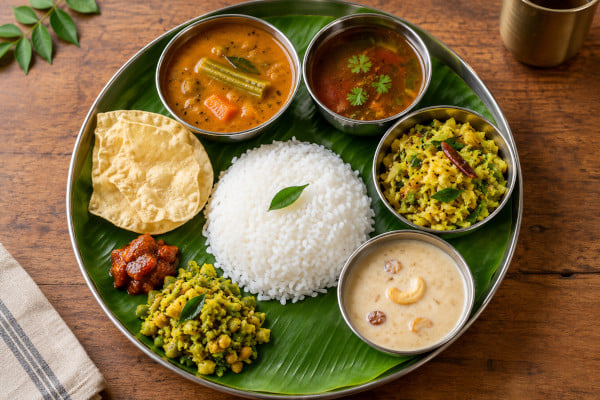 A close-up overhead shot of a traditional South Indian thali served on a fresh banana leaf, with rice, sambar, rasam, poriyal and payasam, on a simple wooden table.